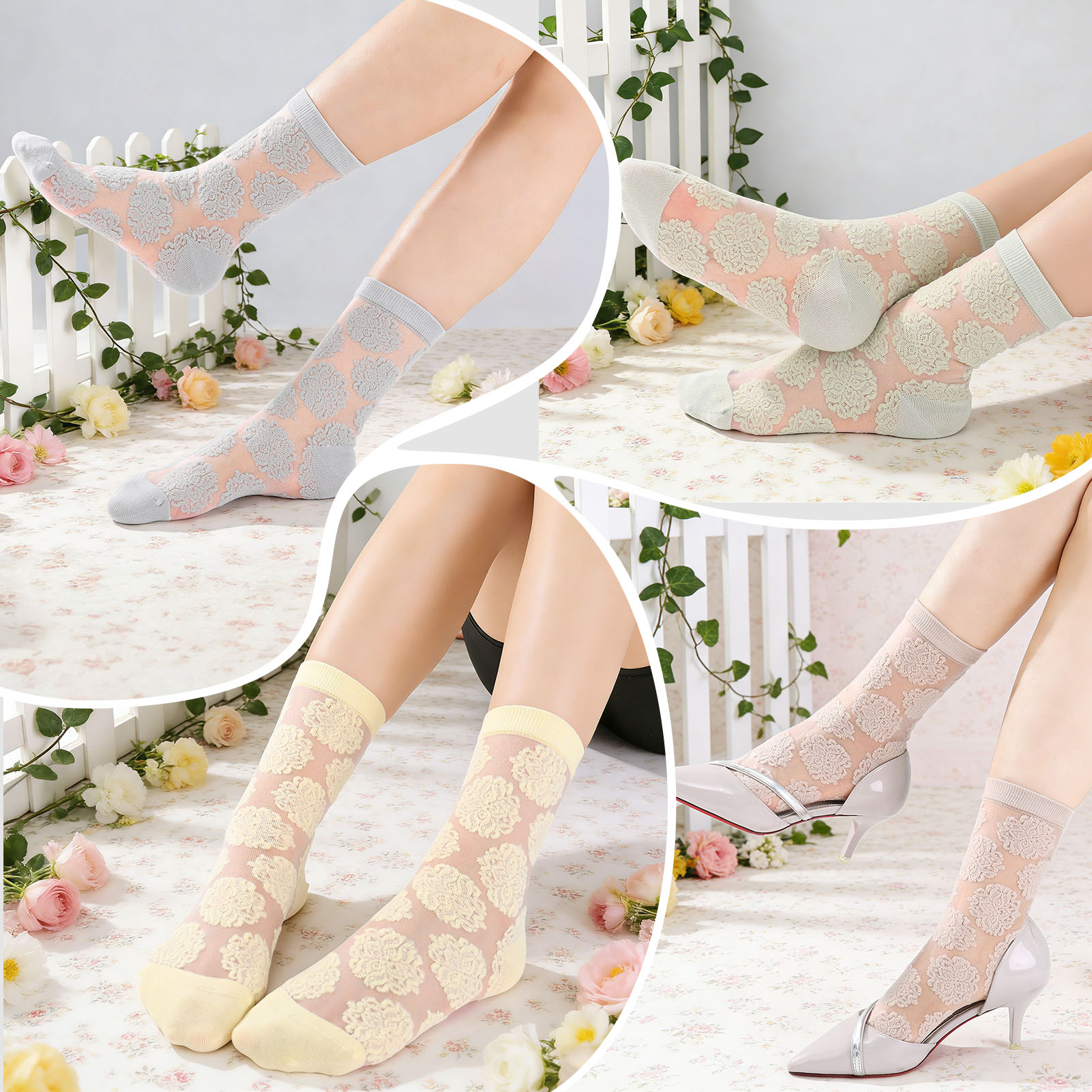 Bocaoying 7 Pairs Sheer Socks for Women, Nylon Mesh Ankle Fancy Socks with Reinforced Heel and Toe, Breathable Dress Socks for Women, Size 5-9, Black/White/Grey/Green/Yellow/Beige