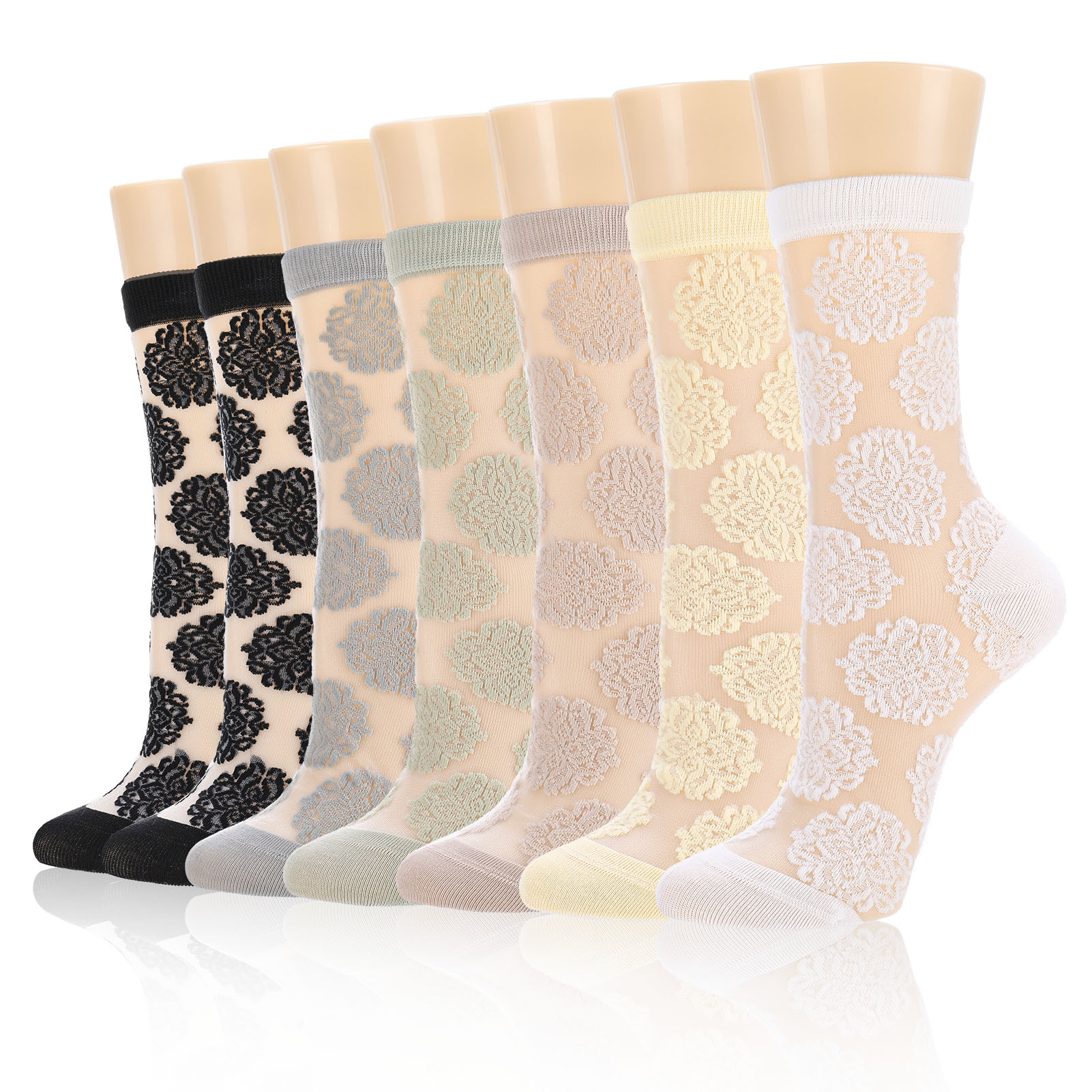 Bocaoying 7 Pairs Sheer Socks for Women, Nylon Mesh Ankle Fancy Socks with Reinforced Heel and Toe, Breathable Dress Socks for Women, Size 5-9, Black/White/Grey/Green/Yellow/Beige