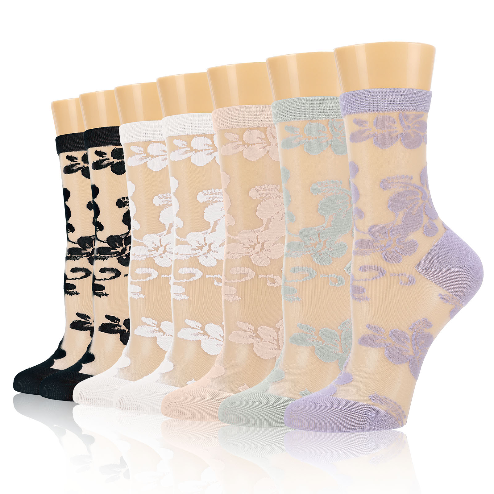 Bocaoying 7 Pairs Sheer Socks for Women,Nylon Mesh Ankle Fancy Socks with Reinforced Heel and Toe,Breathable Dress Socks for Women,Size 5-9,Black/White/Purple/Avocado Green/Skin Color