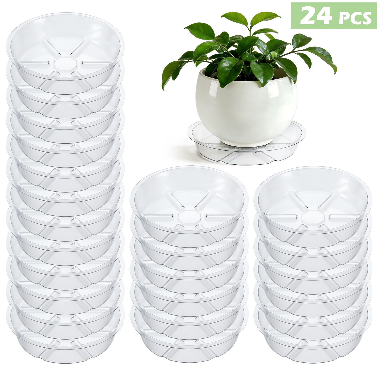 topjuju 24 Pack Clear Plant Saucer, 6 inch Plant Pot Saucers, Plastic Plant Drip Trays, Flower Pot Saucers for Indoor Outdoor Garden Plants