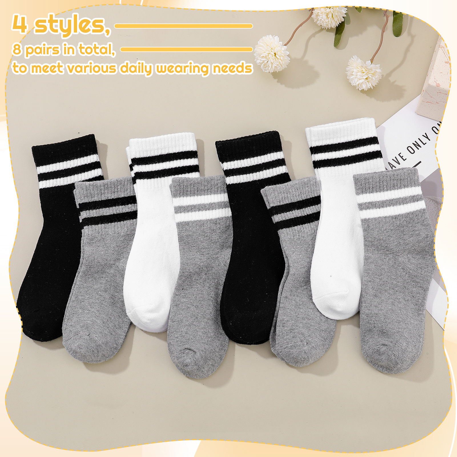 Bocaoying 8 Pairs Kids Cotton Socks, Boy Crew Socks, Kids Sports Cushioned Crew Socks, Casual Stripes Socks, Mid Cut Ankle Socks for Boys Girls 3-12 Year Old