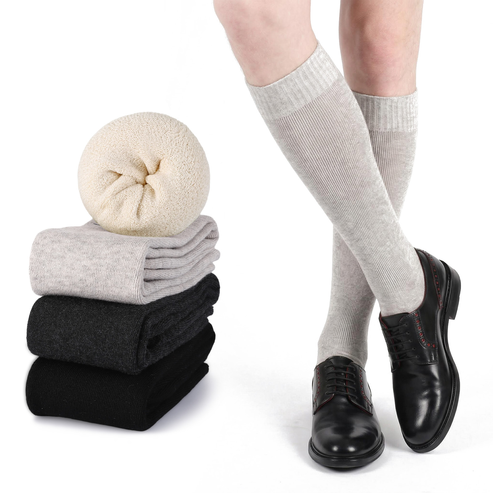 Bocaoying 4 Pairs Long Boot Socks for Women, Lined Slouch Knee High Socks, Winter Calf Socks for Outside and Home, One Size 6-10, Dark Grey/Black/Khaki/Beige