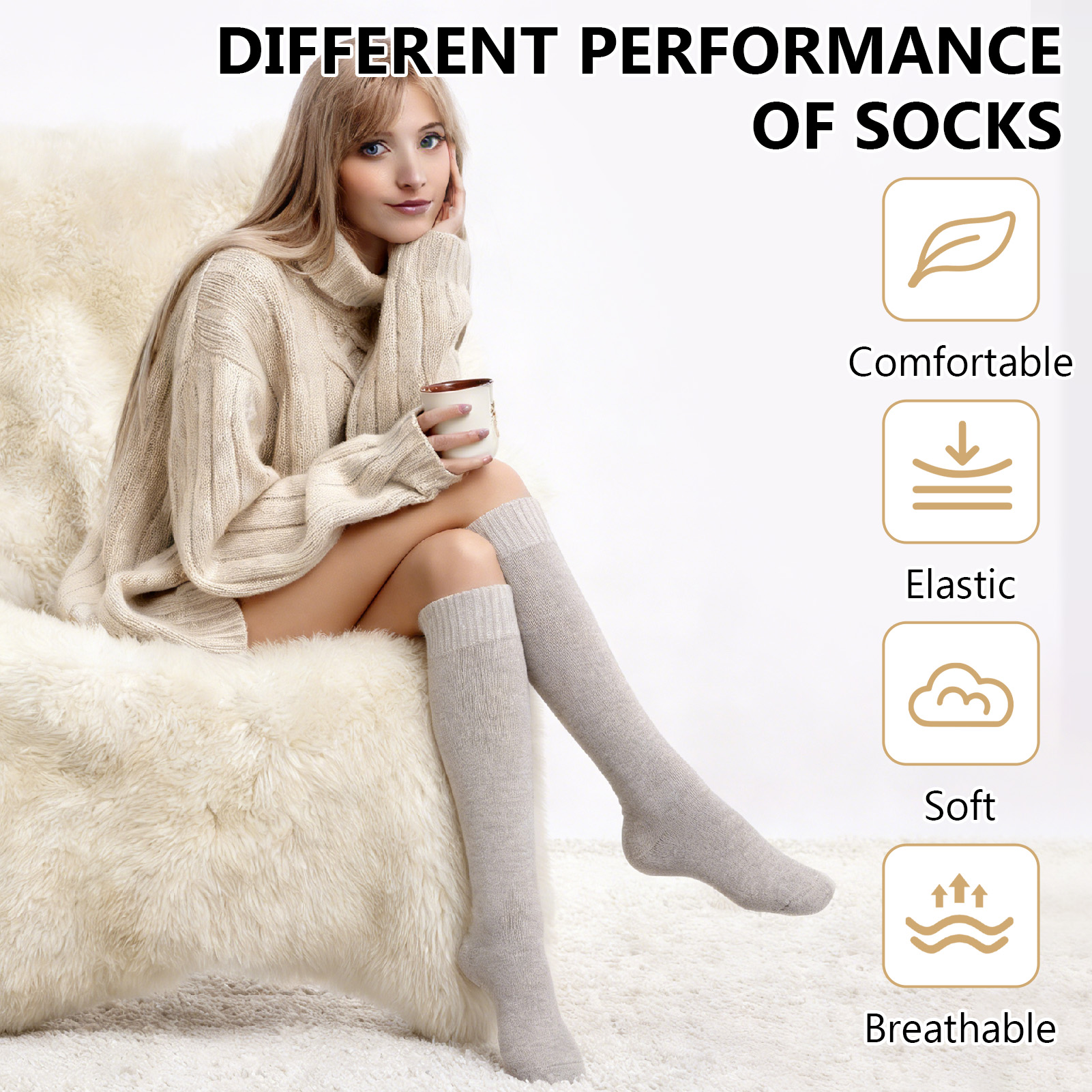 Bocaoying 4 Pairs Long Boot Socks for Women, Lined Slouch Knee High Socks, Winter Calf Socks for Outside and Home, One Size 6-10, Dark Grey/Black/Khaki/Beige