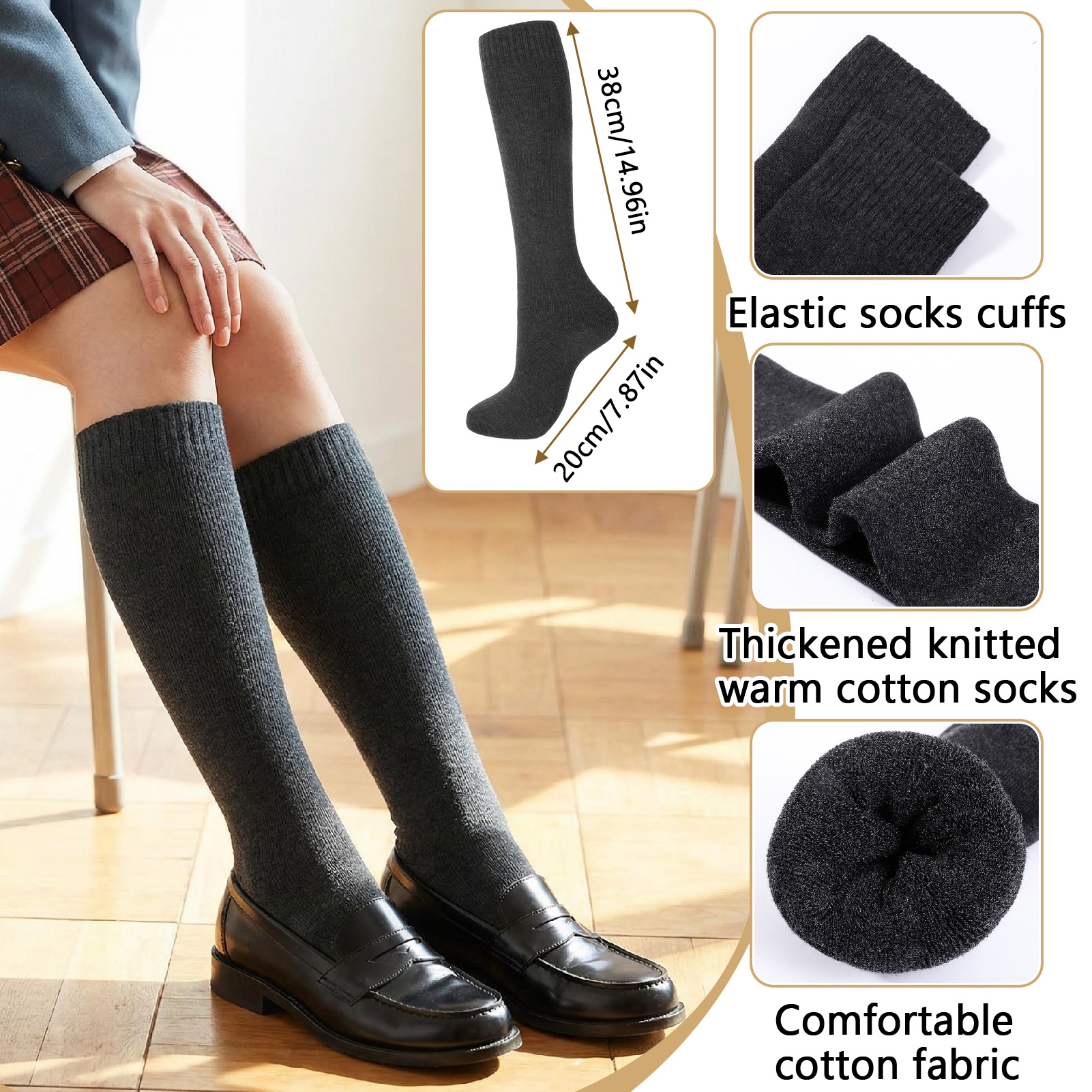 Bocaoying 4 Pairs Long Boot Socks for Women, Lined Slouch Knee High Socks, Winter Calf Socks for Outside and Home, One Size 6-10, Dark Grey/Black/Khaki/Beige