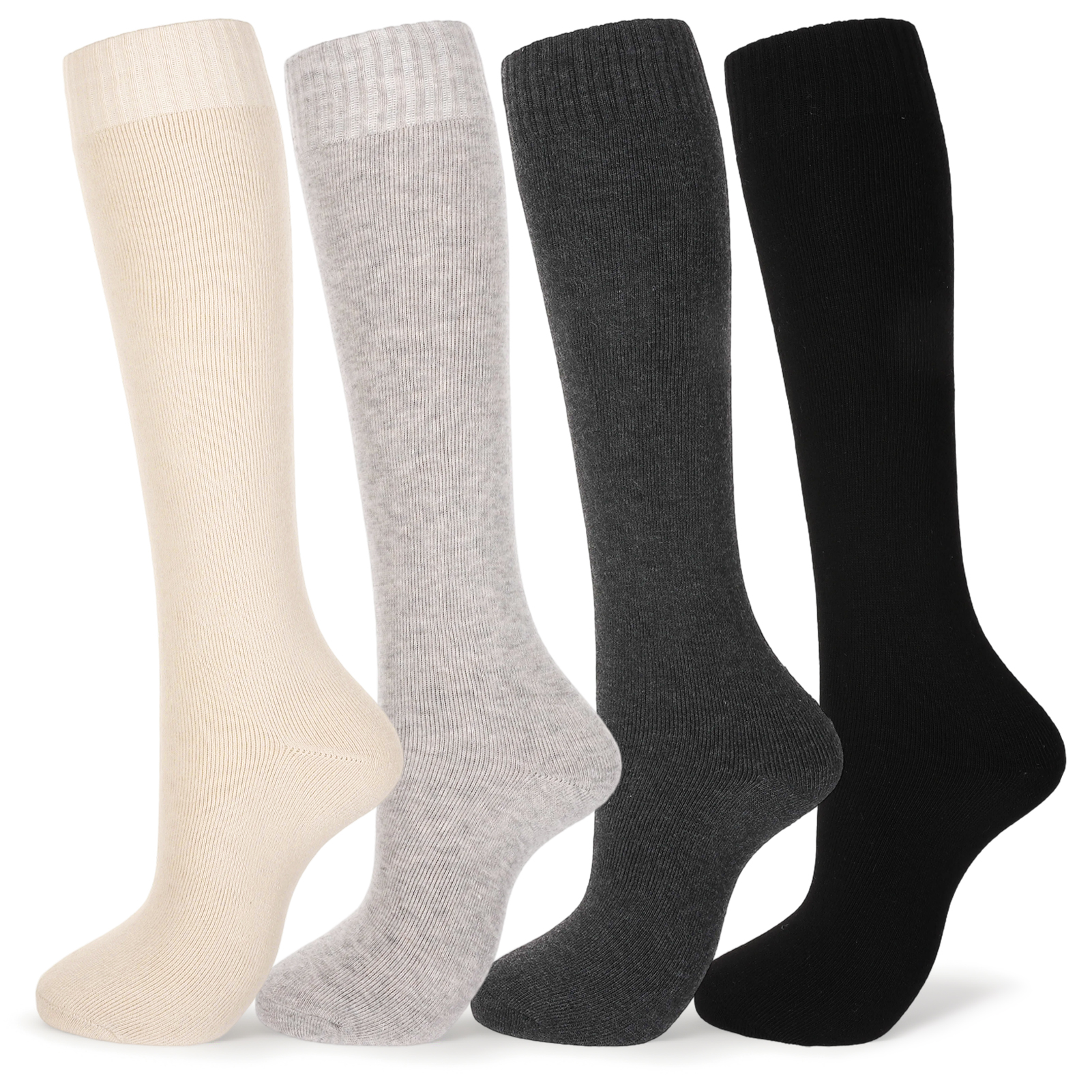 Bocaoying 4 Pairs Long Boot Socks for Women, Lined Slouch Knee High Socks, Winter Calf Socks for Outside and Home, One Size 6-10, Dark Grey/Black/Khaki/Beige
