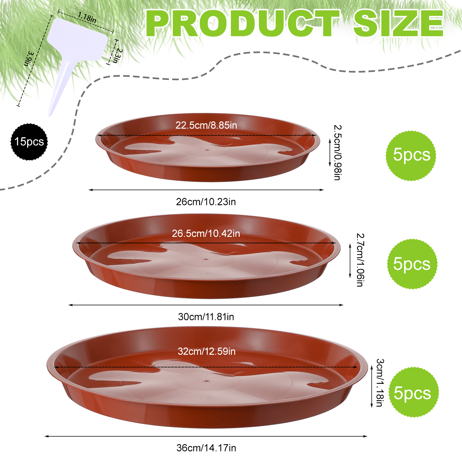 topjuju 15 Pcs Large Plant Saucers, 10/12/14 inches Plastic Plant Trays to Catch Water, Extra Large Plant Saucer with Labels, Heavy Duty Plant Drip Trays for Plant Pots Indoors Outdoors