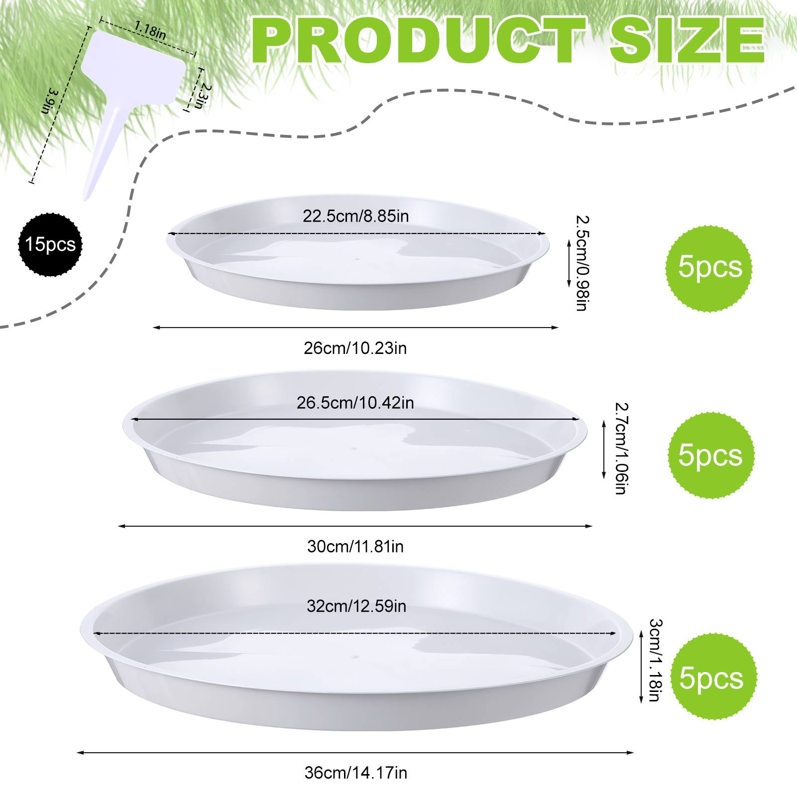 topjuju 15 Pcs Large Plant Saucers, 10/12/14 inches Plastic Plant Trays to Catch Water, Extra Large Plant Saucer with Labels, Heavy Duty Plant Drip Trays for Plant Pots Indoors Outdoors