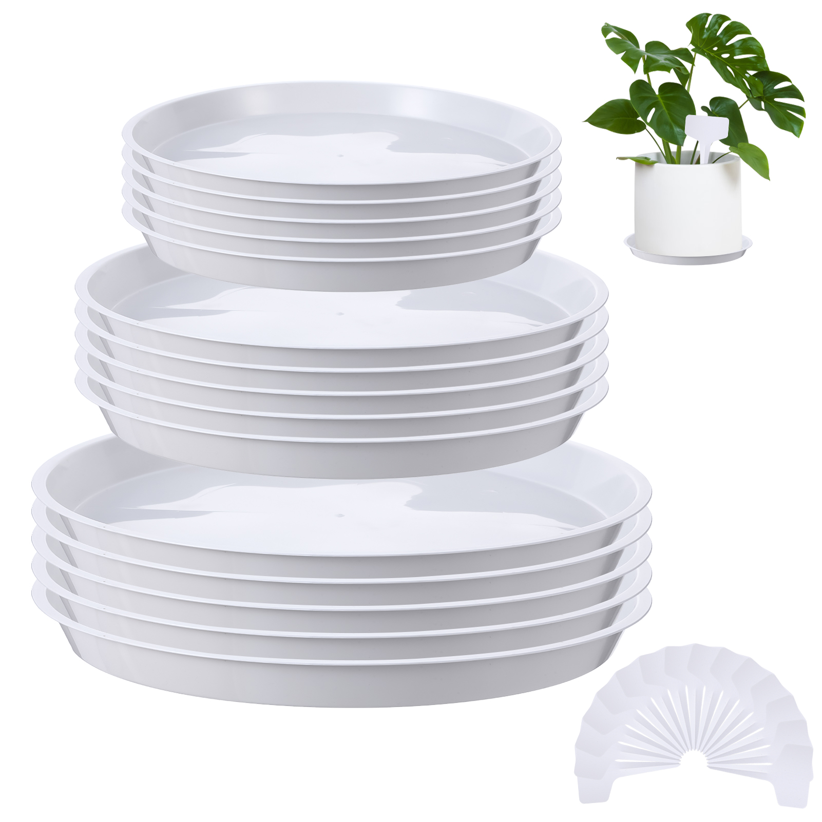 topjuju 15 Pcs Large Plant Saucers, 10/12/14 inches Plastic Plant Trays to Catch Water, Extra Large Plant Saucer with Labels, Heavy Duty Plant Drip Trays for Plant Pots Indoors Outdoors