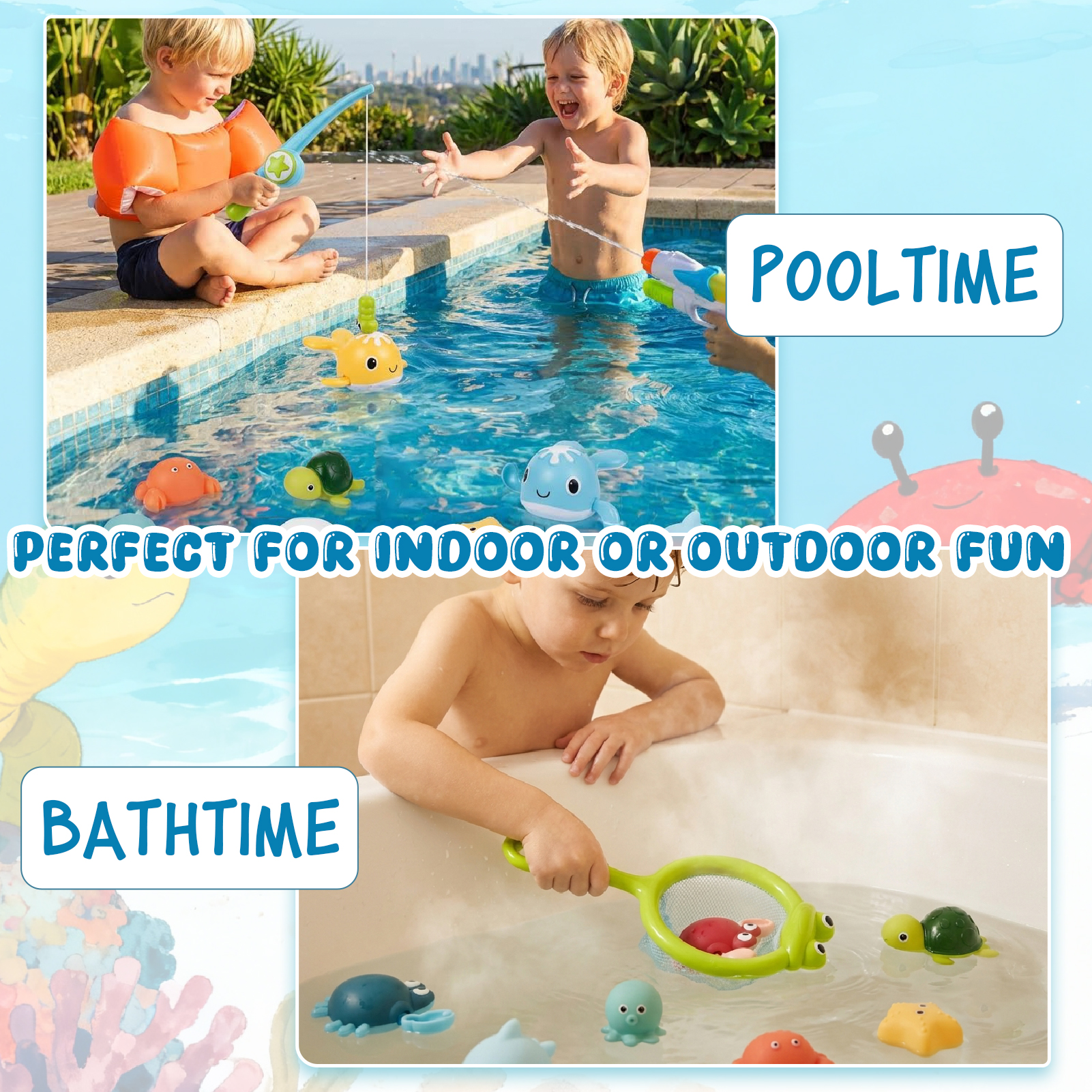 sixwipe Bath Toys for Babies 6-12 Months+, Swimming Ducks Amphibious Dinghy Bath Toys for Kid No Hole Animal Floating Pool Toys, Fishing Net Watering Can Baby Bathtub Water Toys