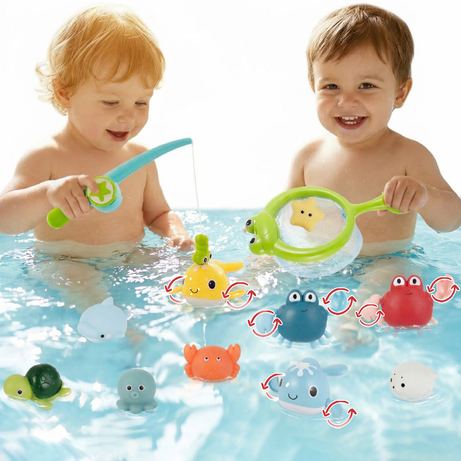 sixwipe Bath Toys for Babies 6-12 Months+, Swimming Ducks Amphibious Dinghy Bath Toys for Kid No Hole Animal Floating Pool Toys, Fishing Net Watering Can Baby Bathtub Water Toys