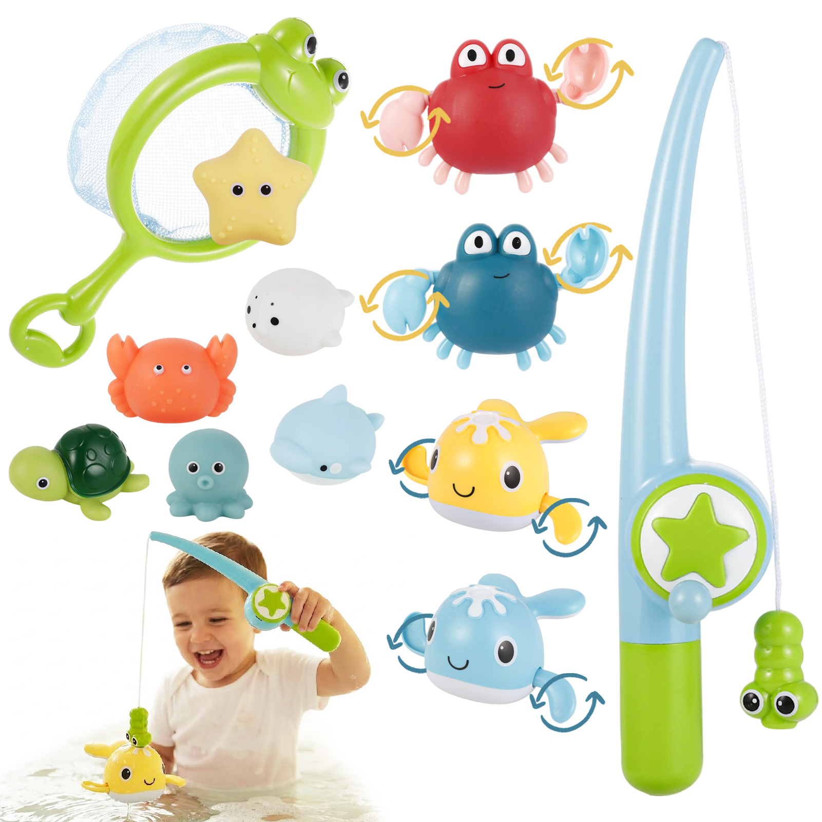 sixwipe Bath Toys for Babies 6-12 Months+, Swimming Ducks Amphibious Dinghy Bath Toys for Kid No Hole Animal Floating Pool Toys, Fishing Net Watering Can Baby Bathtub Water Toys