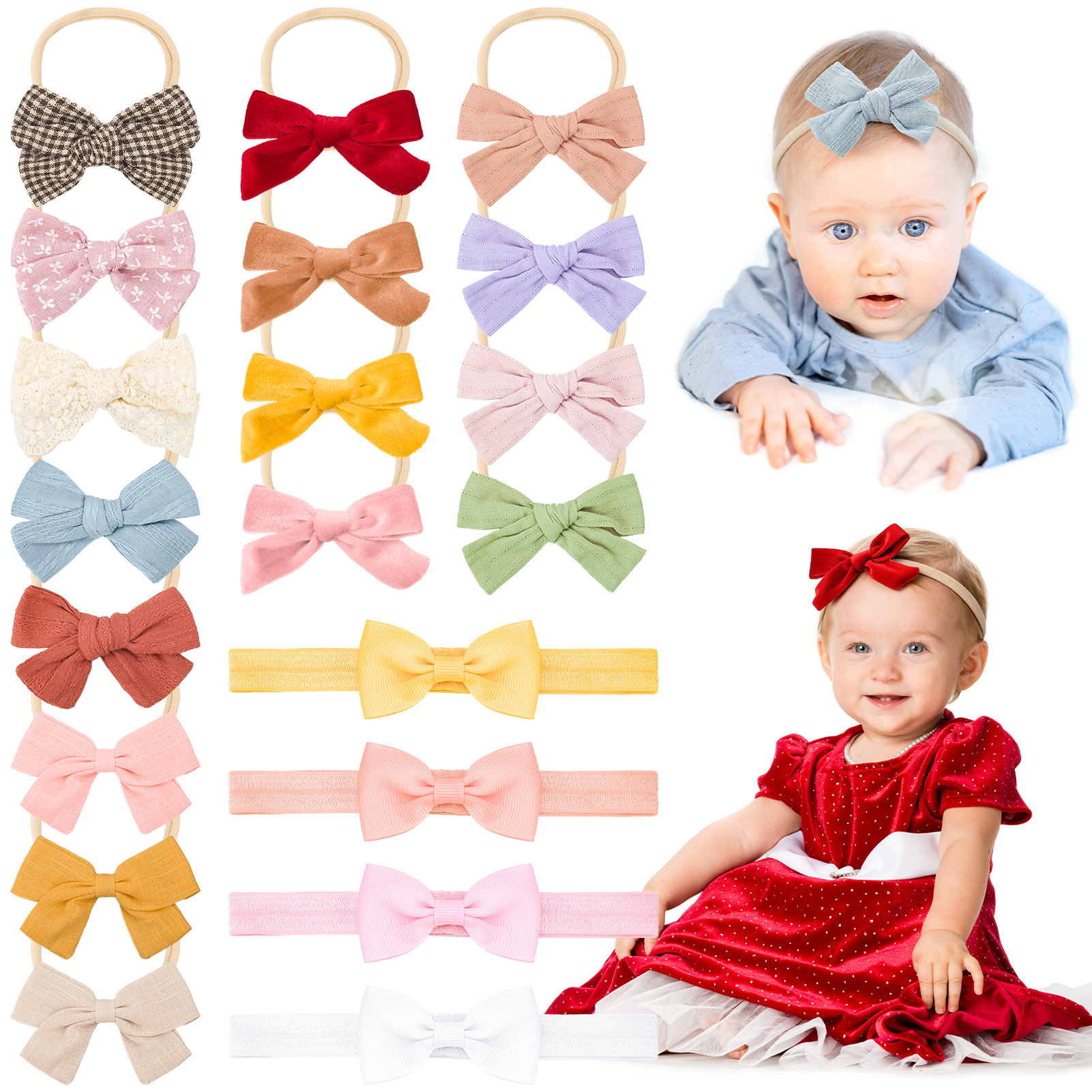 Bocaoying 20 Pcs Baby Girls Bows Headbands, Elastic Ribbon Hairbands Set, Soft Stretchy Hair Accessories for Newborns Infants Toddlers, Orange Pink Red Yellow White Blue Green Purple, 3.5"x2" Bow