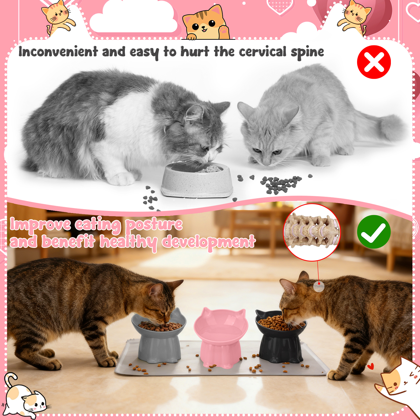 shuaien 3 Pcs Elevated Cat Bowls with Non-Slip Mat, 15 Degree Tilted Cat Food Bowls, Anti Vomit & Whisker Friendly Dishes 3 Raised Pet Bowls for Cats and Small Dogs