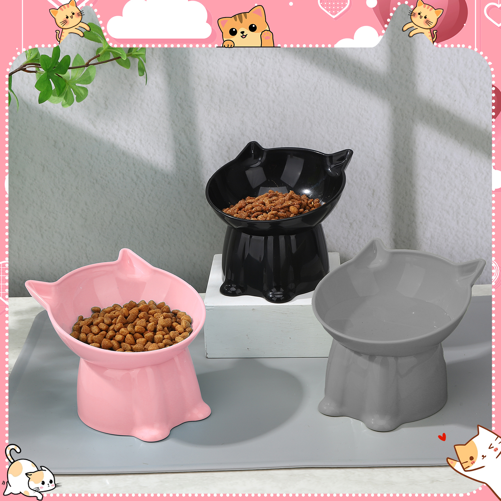 shuaien 3 Pcs Elevated Cat Bowls with Non-Slip Mat, 15 Degree Tilted Cat Food Bowls, Anti Vomit & Whisker Friendly Dishes 3 Raised Pet Bowls for Cats and Small Dogs