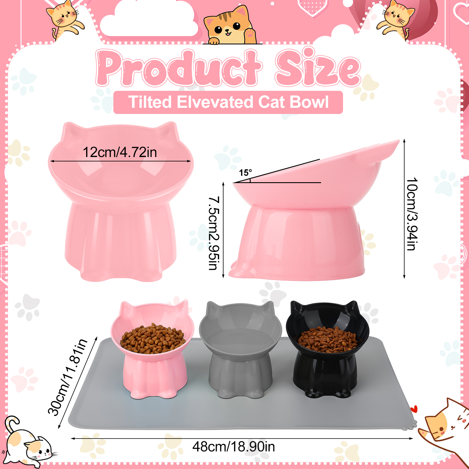 shuaien 3 Pcs Elevated Cat Bowls with Non-Slip Mat, 15 Degree Tilted Cat Food Bowls, Anti Vomit & Whisker Friendly Dishes 3 Raised Pet Bowls for Cats and Small Dogs