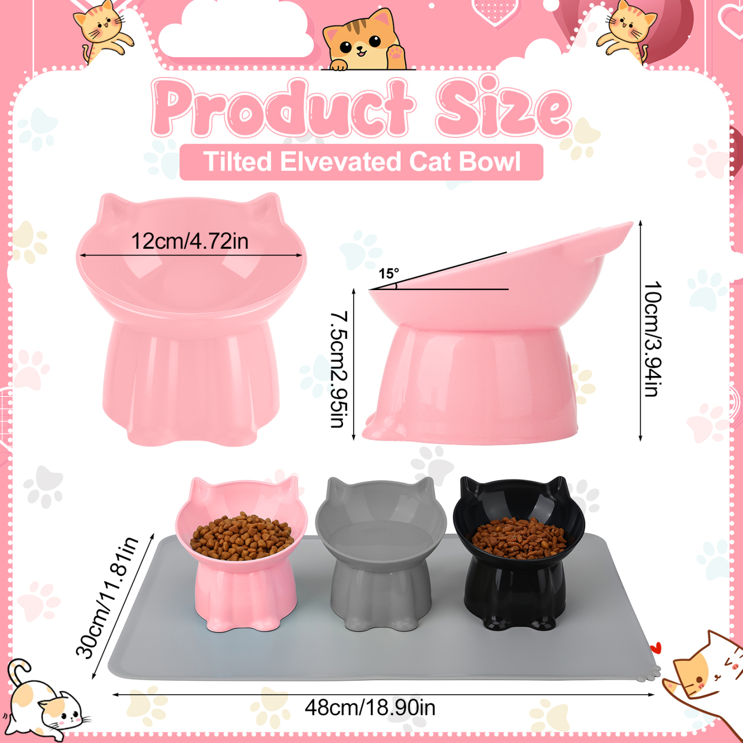 shuaien 3 Pcs Elevated Cat Bowls with Non-Slip Mat, 15 Degree Tilted Cat Food Bowls, Anti Vomit & Whisker Friendly Dishes 3 Raised Pet Bowls for Cats and Small Dogs