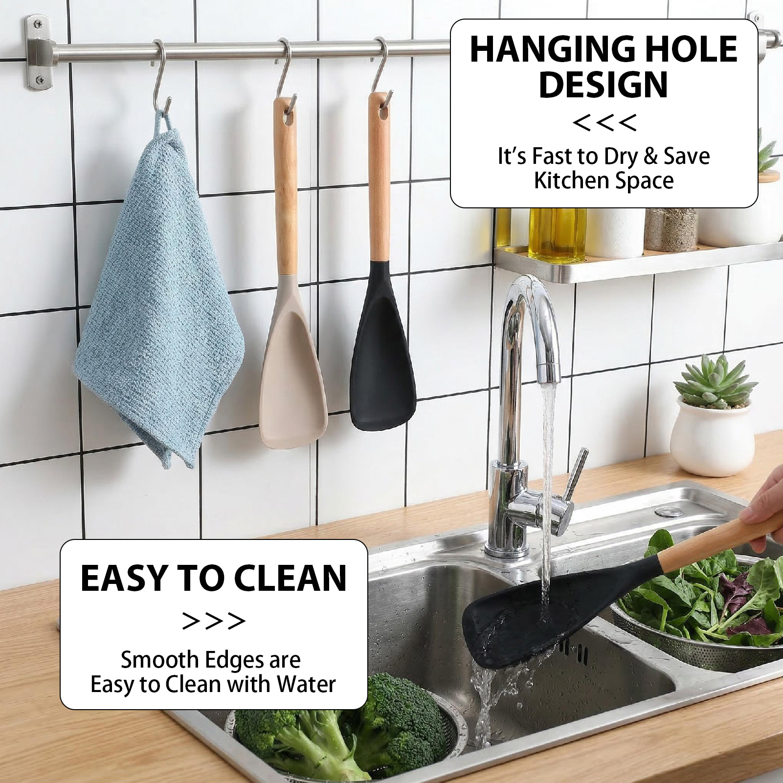 Topekada 2 Pack Cooking Spoon for Nonstick Cookware, BPA-Free Matte Silicone & Wooden Handle, Heat-Resistant for Mixing, Scooping, Scraping and Serving, Safe for Pots Pans Skillets