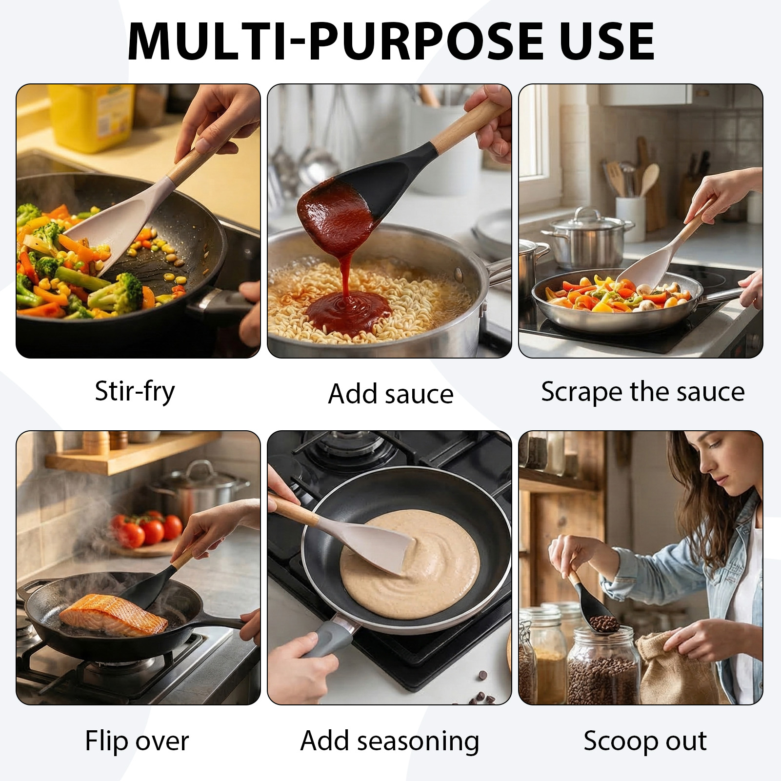 Topekada 2 Pack Cooking Spoon for Nonstick Cookware, BPA-Free Matte Silicone & Wooden Handle, Heat-Resistant for Mixing, Scooping, Scraping and Serving, Safe for Pots Pans Skillets
