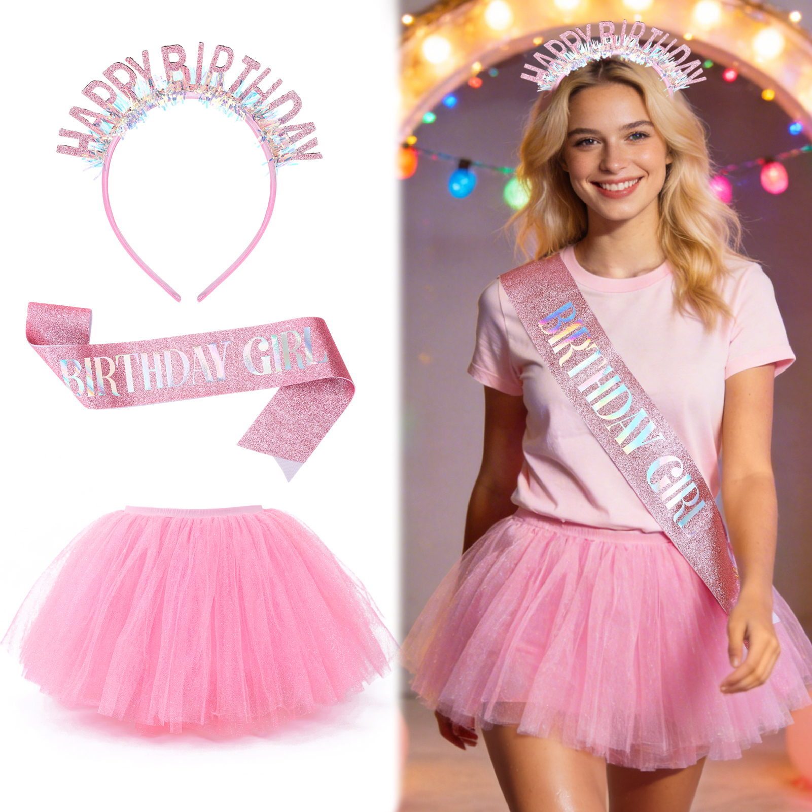 sixwipe Birthday Sash for Women Girls, 5 Layers Tutu Shorty Skirts, Glitter Birthday Crown Headband, Birthday Tiara and Bubble Skirt Set, Pink Happy Birthday Party Princess Decorations Supply