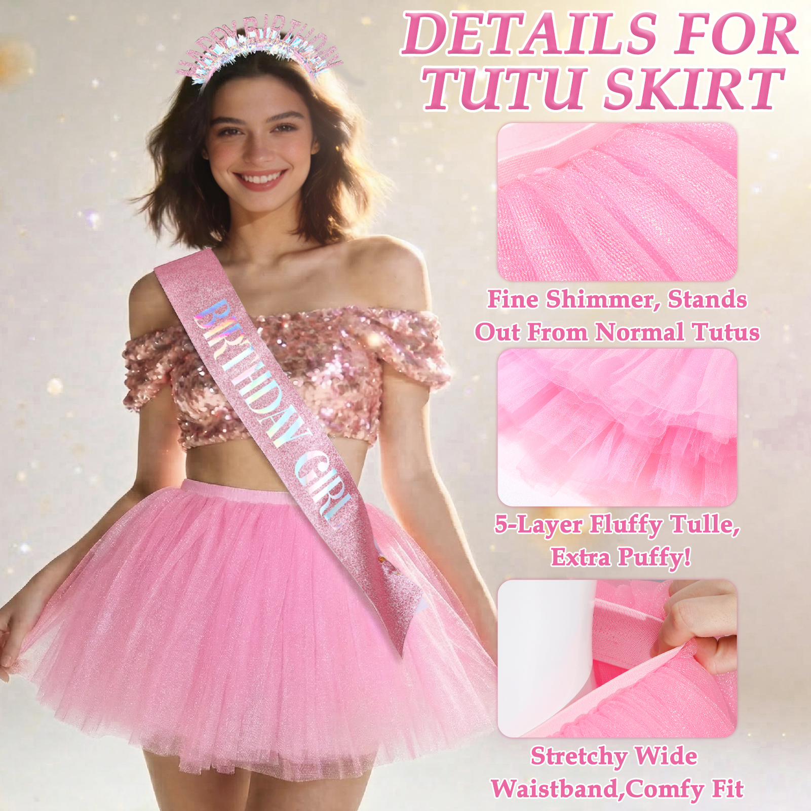 sixwipe Birthday Sash for Women Girls, 5 Layers Tutu Shorty Skirts, Glitter Birthday Crown Headband, Birthday Tiara and Bubble Skirt Set, Pink Happy Birthday Party Princess Decorations Supply