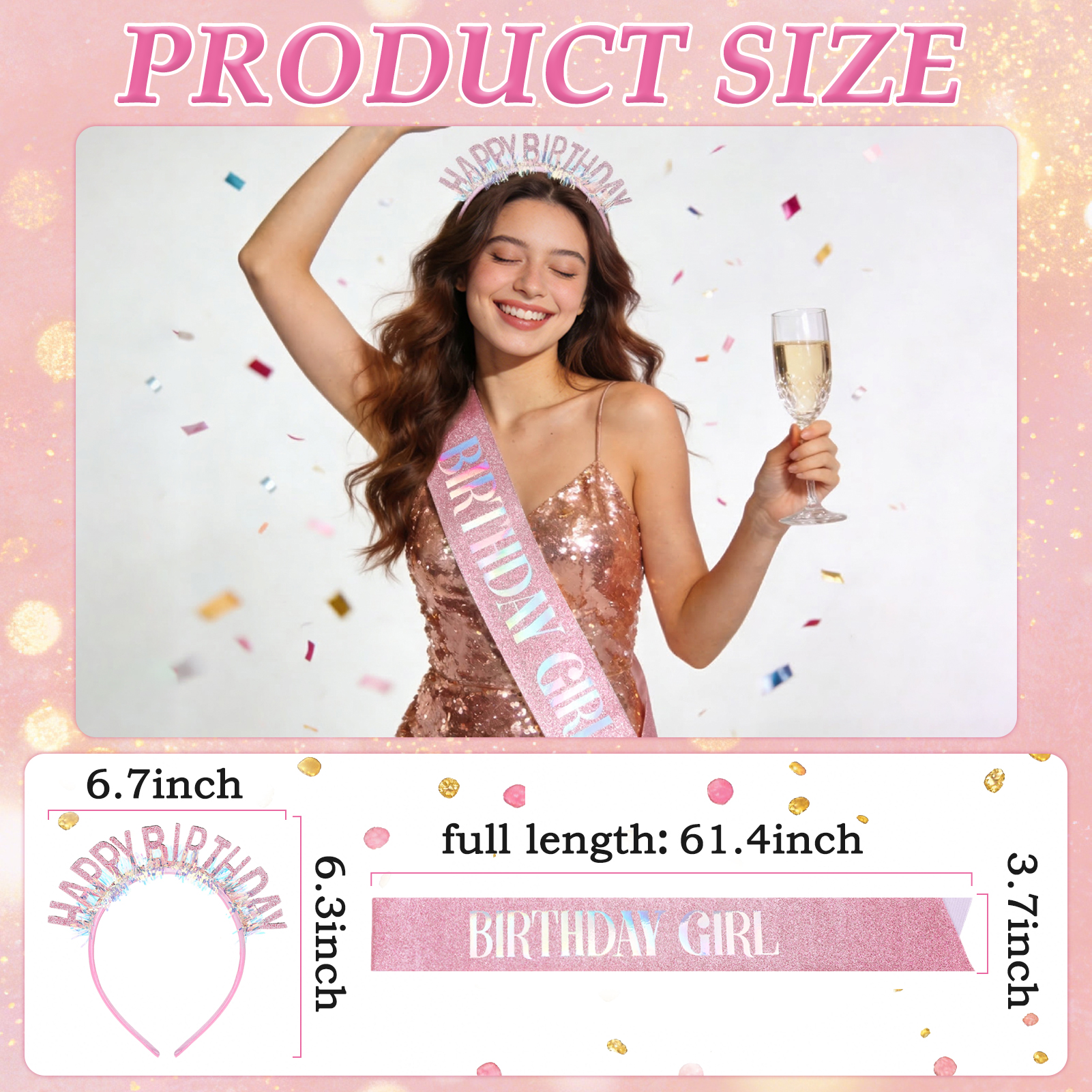 sixwipe Birthday Sash for Women Girls, 5 Layers Tutu Shorty Skirts, Glitter Birthday Crown Headband, Birthday Tiara and Bubble Skirt Set, Pink Happy Birthday Party Princess Decorations Supply