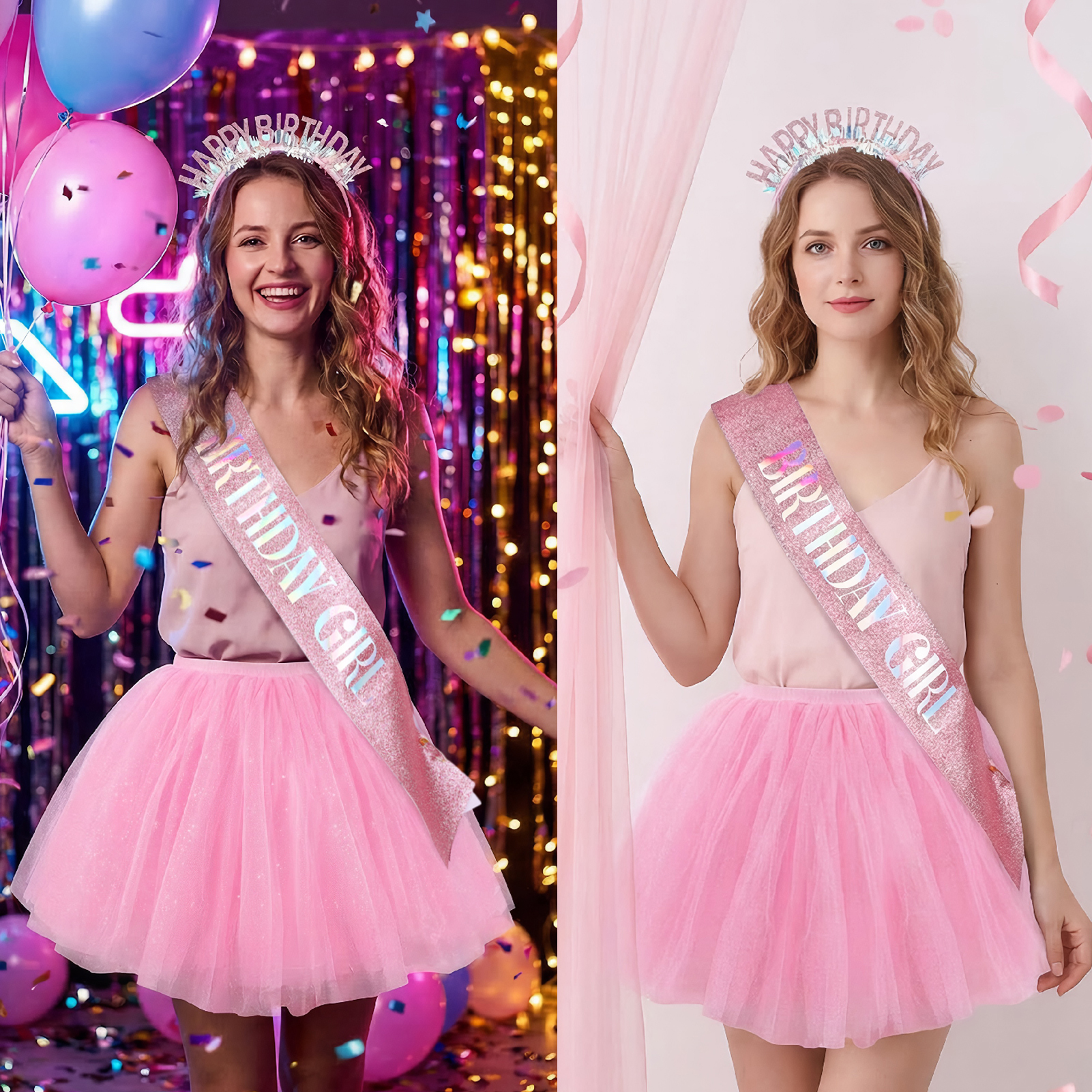 sixwipe Birthday Sash for Women Girls, 5 Layers Tutu Shorty Skirts, Glitter Birthday Crown Headband, Birthday Tiara and Bubble Skirt Set, Pink Happy Birthday Party Princess Decorations Supply