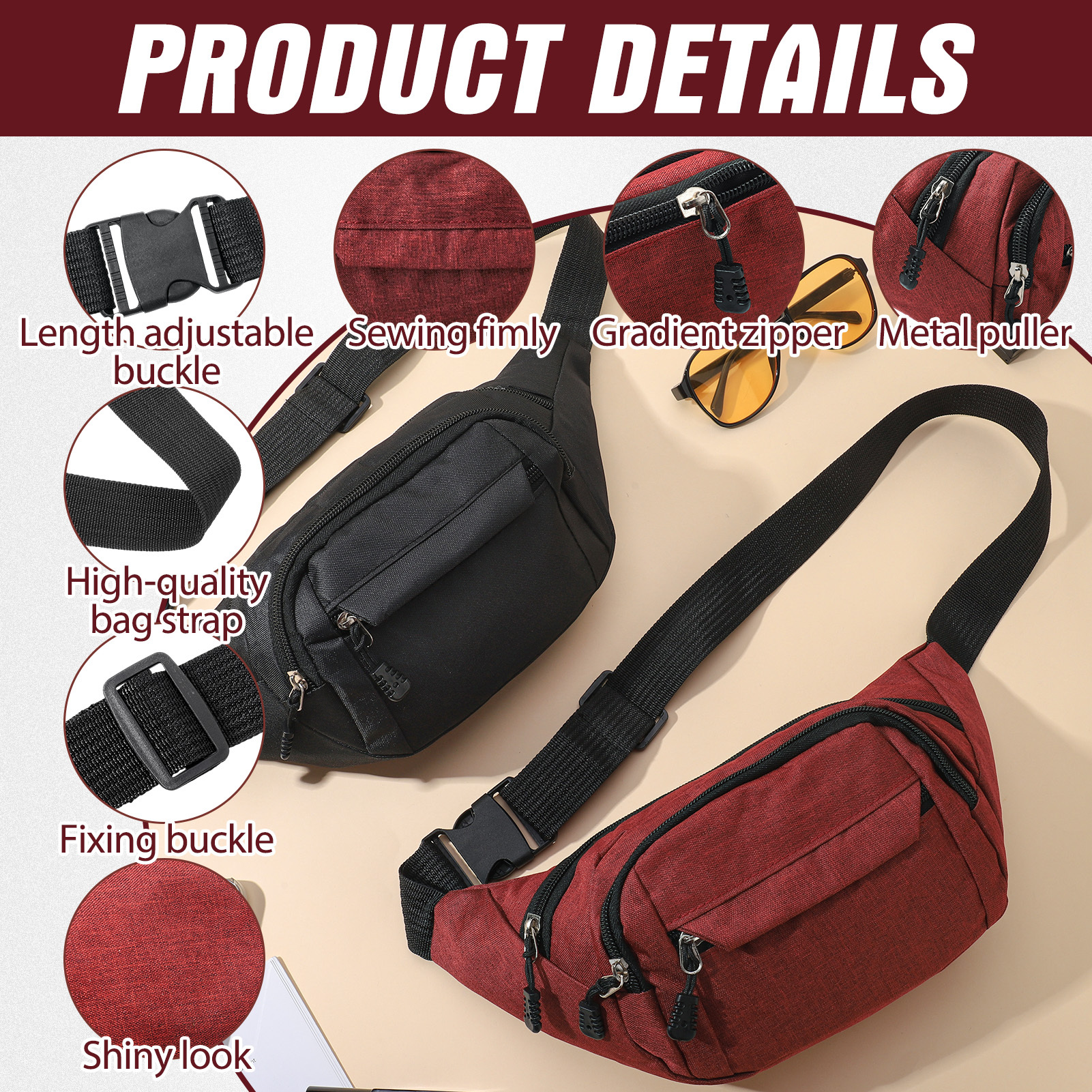 Bocaoying Women's Fashion Fanny Packs, Waist Bag with 4-Zipper Pockets, Waterproof Sports Bum Bag for Outdoor Sports Travel Hiking Running, 2 Pack
