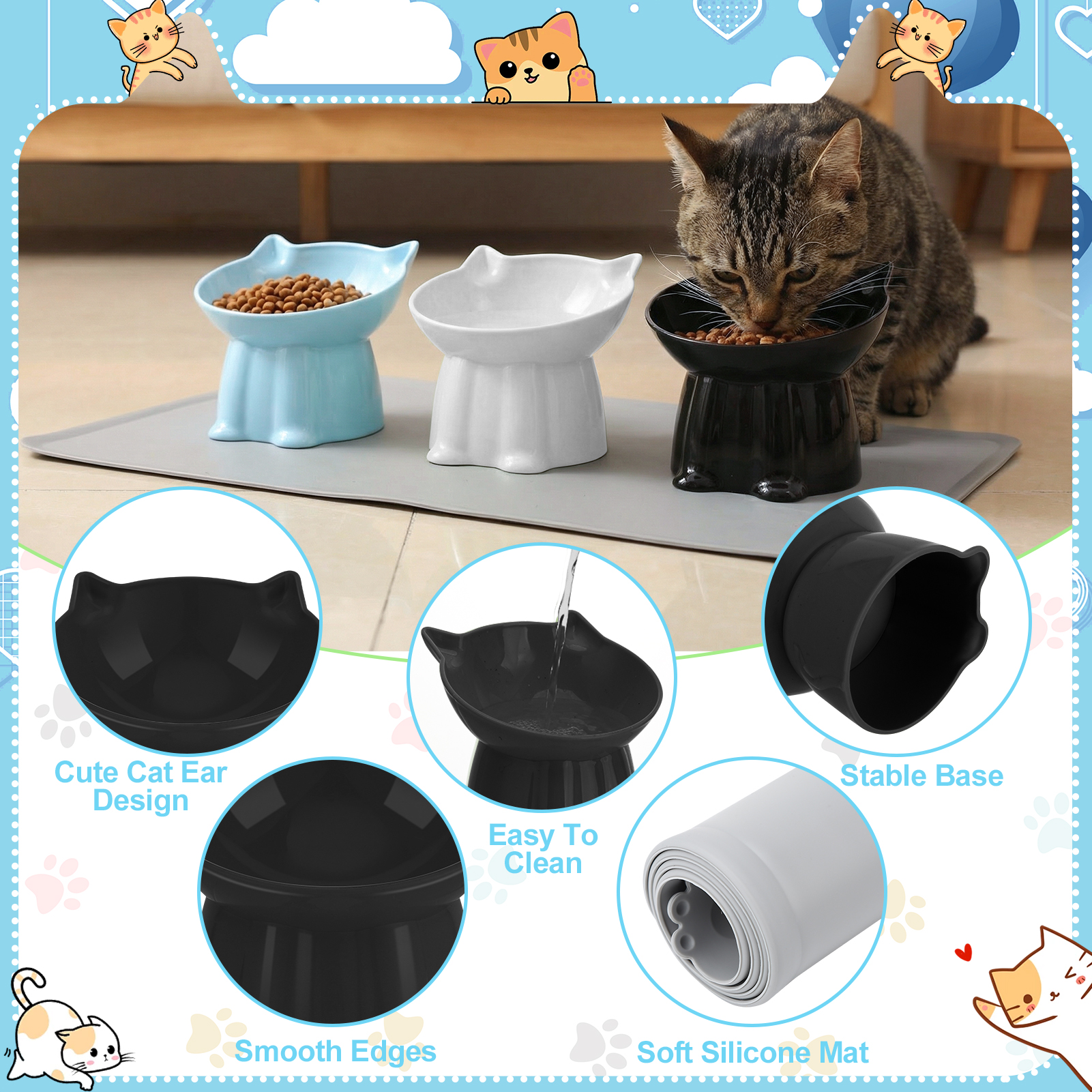 shuaien 3 Pack Elevated Cat Bowls with Non-Slip Pad, Anti-Vomiting Cat Dishes, Whisker Friendly Pet Bowls for Indoor Cats and Small Dogs, 15 Degree Angle Cat Food Bowl, 3 Colors