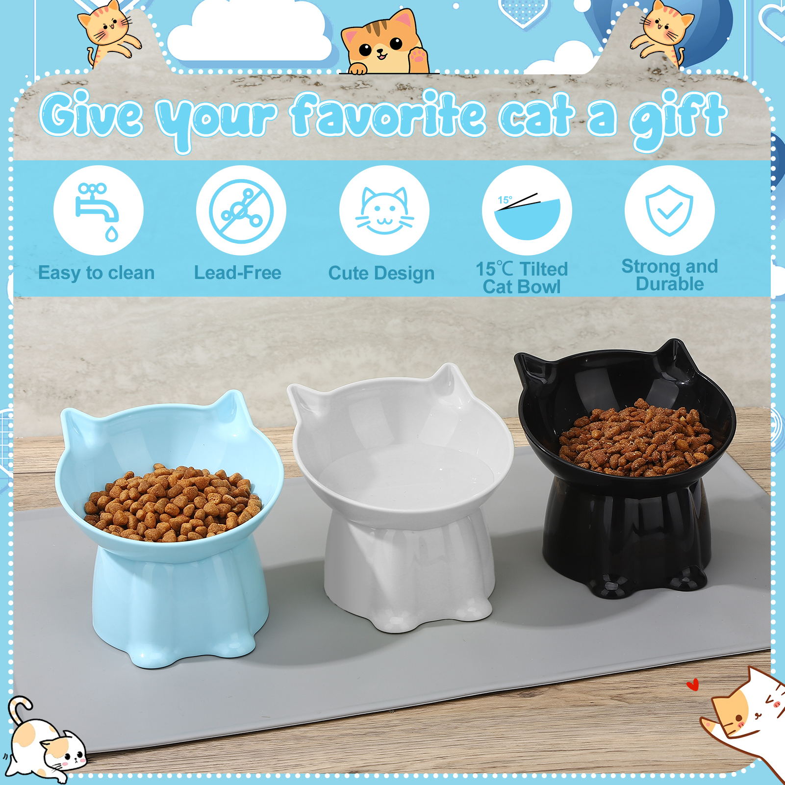 shuaien 3 Pack Elevated Cat Bowls with Non-Slip Pad, Anti-Vomiting Cat Dishes, Whisker Friendly Pet Bowls for Indoor Cats and Small Dogs, 15 Degree Angle Cat Food Bowl, 3 Colors