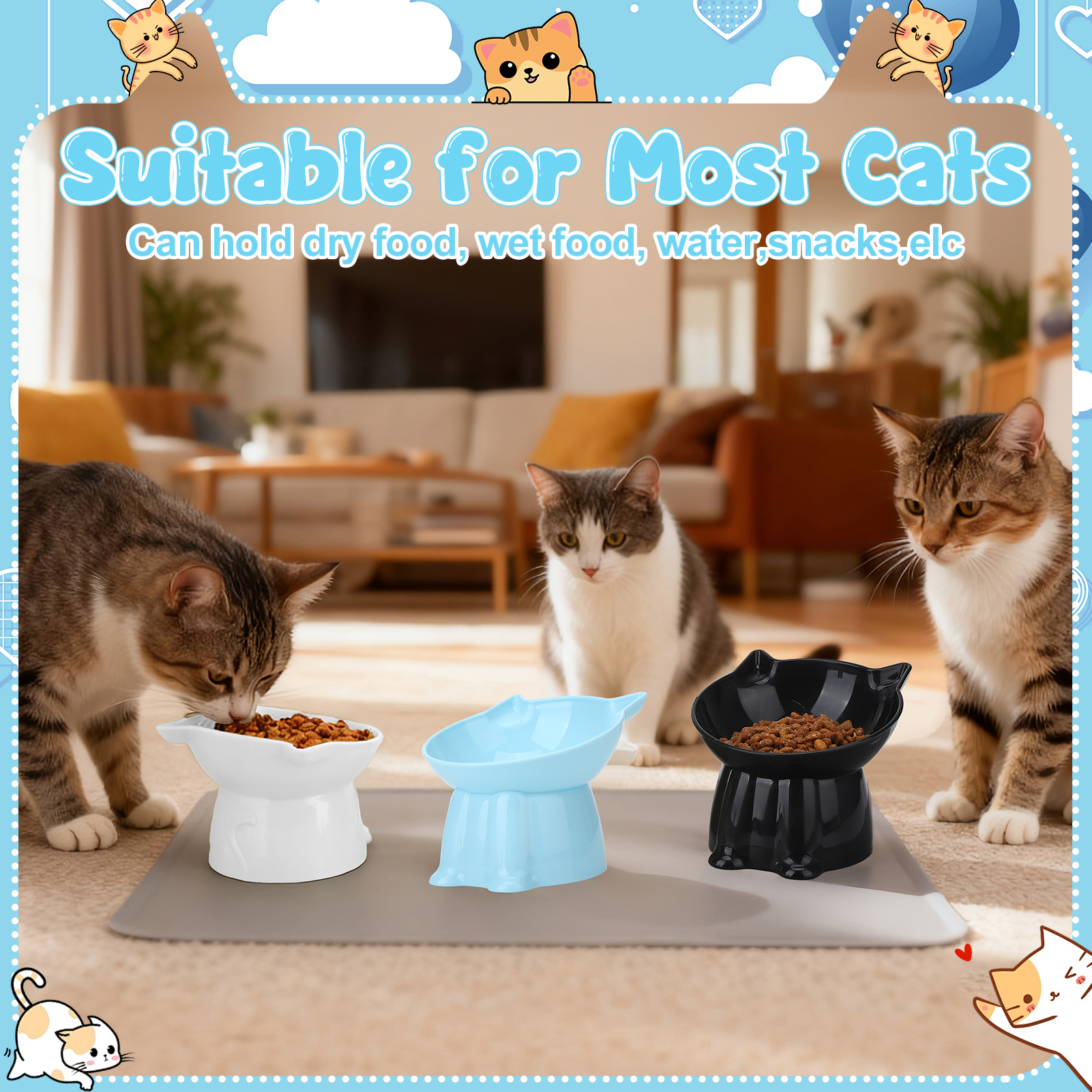 shuaien 3 Pack Elevated Cat Bowls with Non-Slip Pad, Anti-Vomiting Cat Dishes, Whisker Friendly Pet Bowls for Indoor Cats and Small Dogs, 15 Degree Angle Cat Food Bowl, 3 Colors