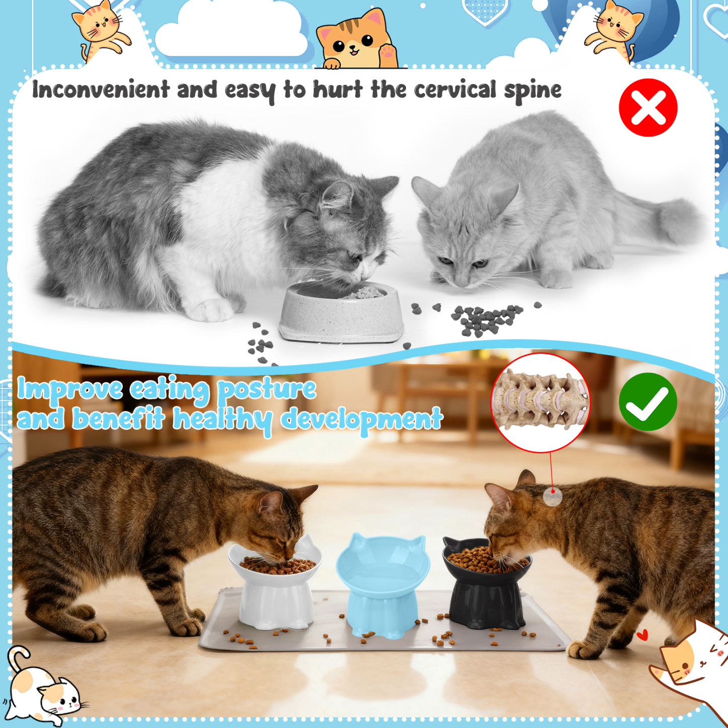 shuaien 3 Pack Elevated Cat Bowls with Non-Slip Pad, Anti-Vomiting Cat Dishes, Whisker Friendly Pet Bowls for Indoor Cats and Small Dogs, 15 Degree Angle Cat Food Bowl, 3 Colors