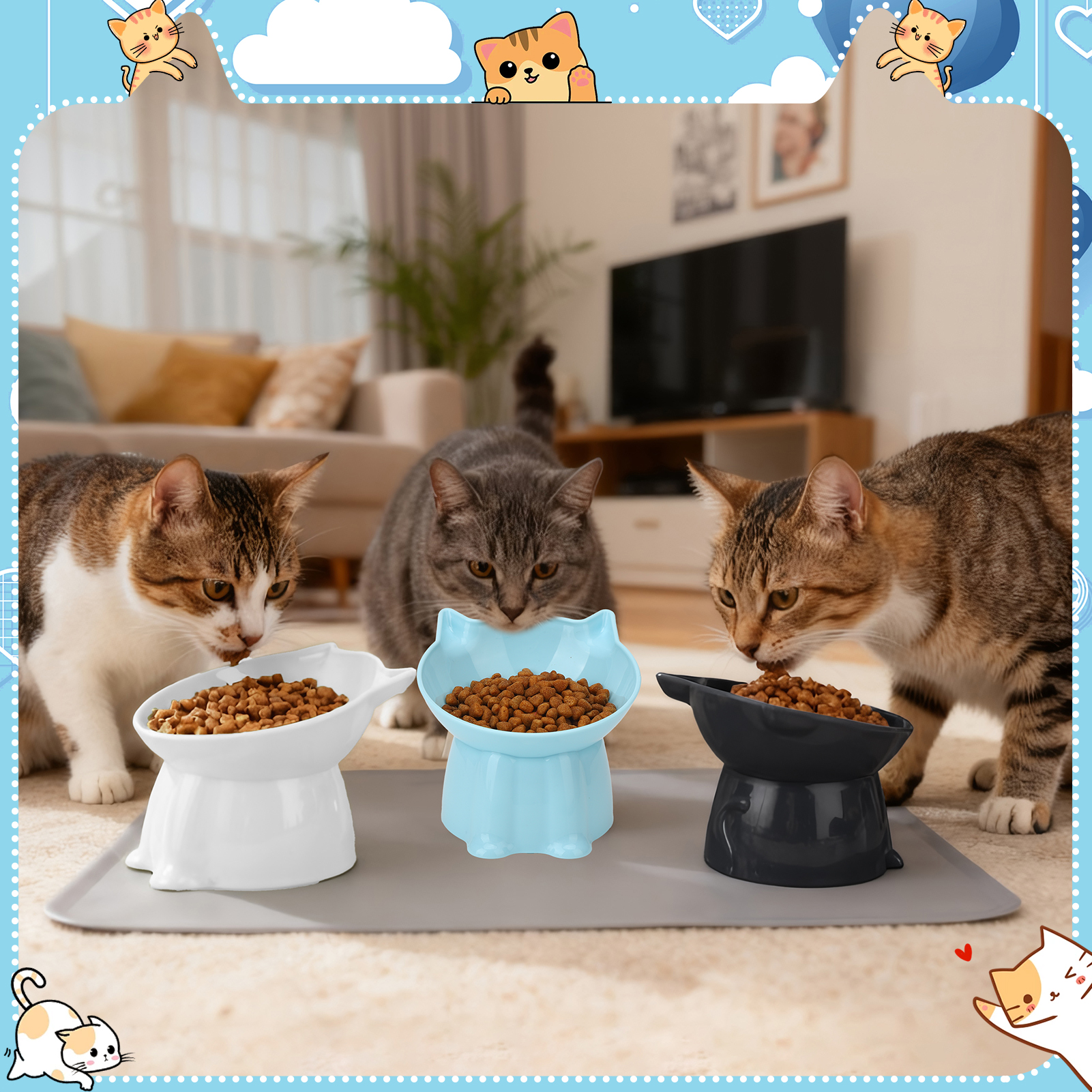 shuaien 3 Pack Elevated Cat Bowls with Non-Slip Pad, Anti-Vomiting Cat Dishes, Whisker Friendly Pet Bowls for Indoor Cats and Small Dogs, 15 Degree Angle Cat Food Bowl, 3 Colors