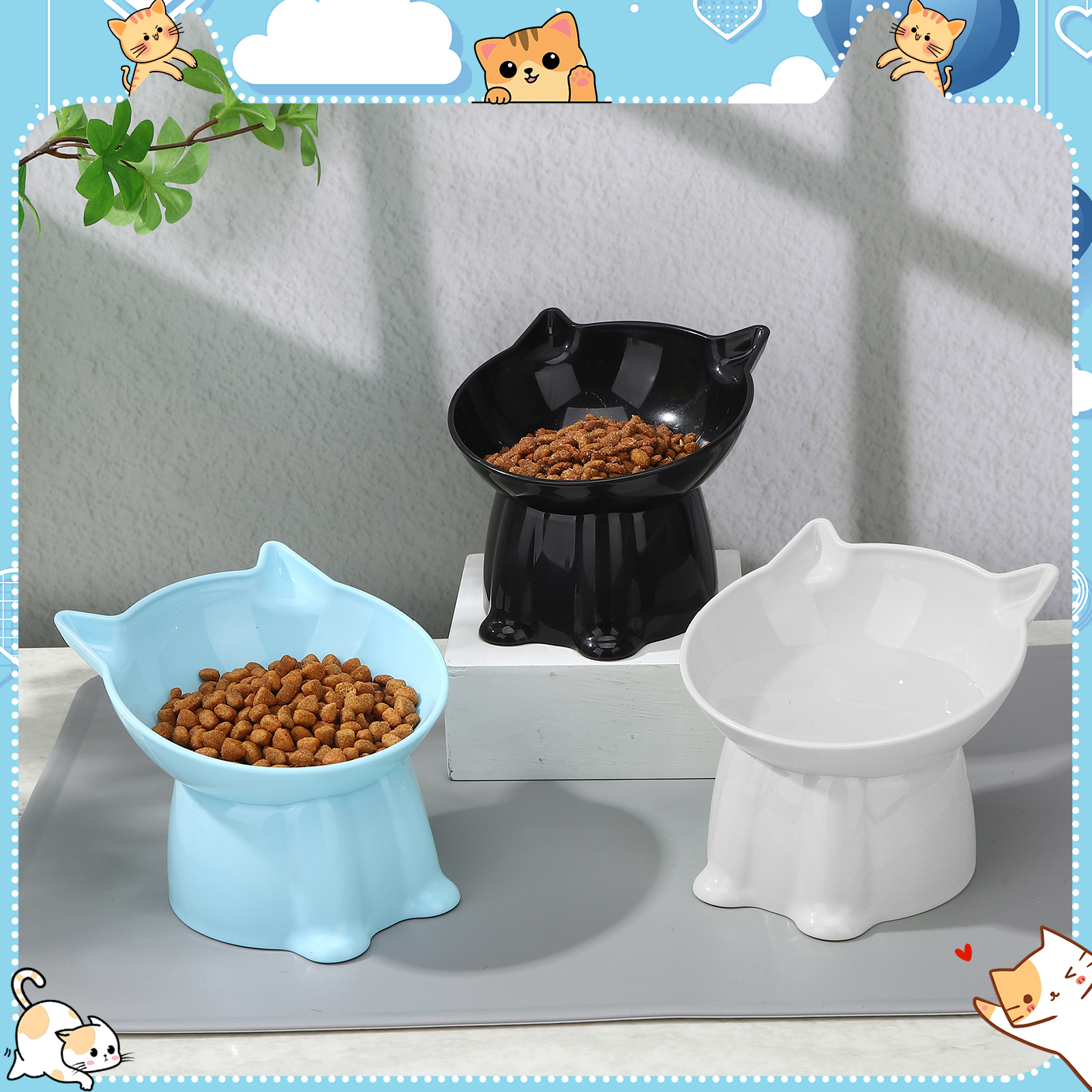 shuaien 3 Pack Elevated Cat Bowls with Non-Slip Pad, Anti-Vomiting Cat Dishes, Whisker Friendly Pet Bowls for Indoor Cats and Small Dogs, 15 Degree Angle Cat Food Bowl, 3 Colors