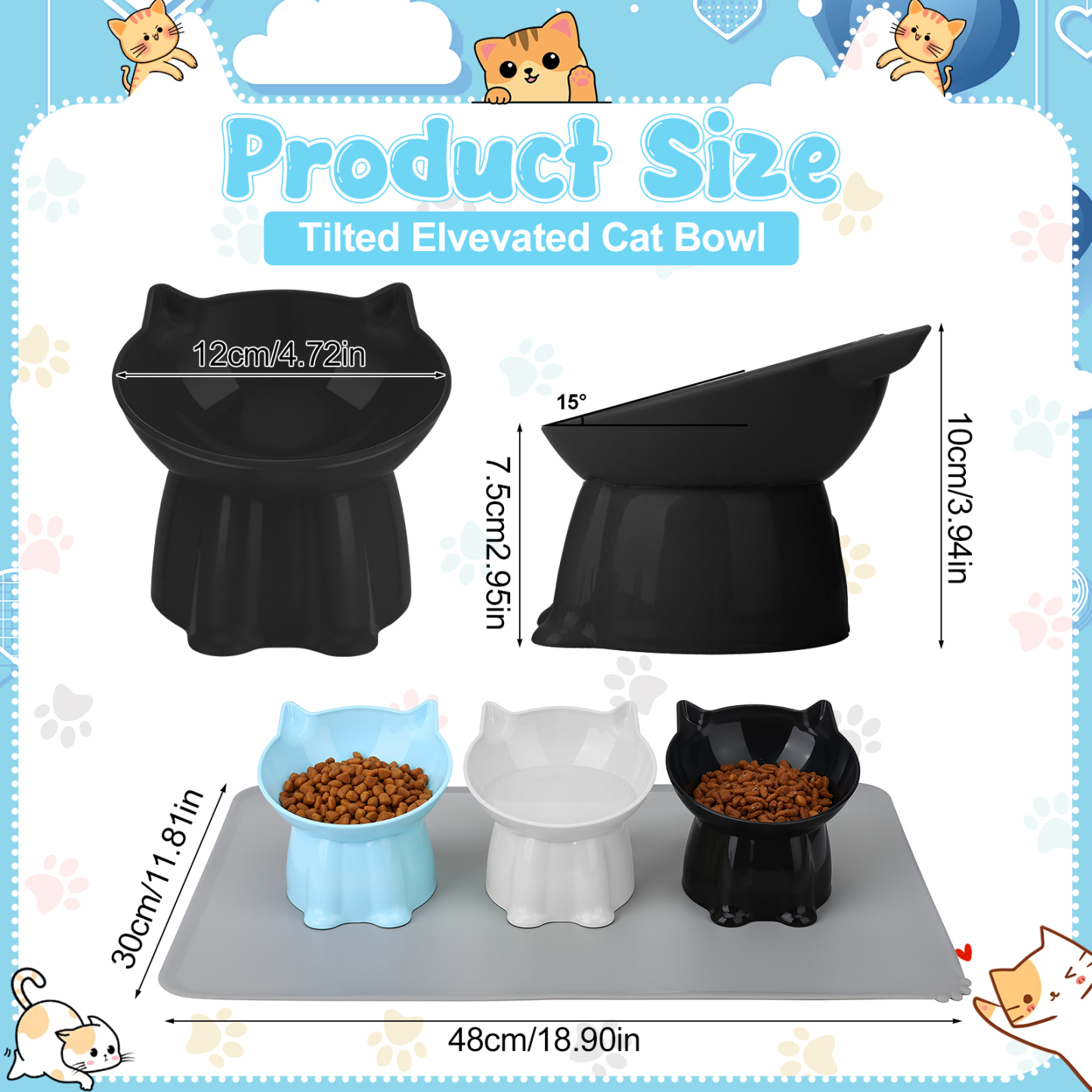 shuaien 3 Pack Elevated Cat Bowls with Non-Slip Pad, Anti-Vomiting Cat Dishes, Whisker Friendly Pet Bowls for Indoor Cats and Small Dogs, 15 Degree Angle Cat Food Bowl, 3 Colors
