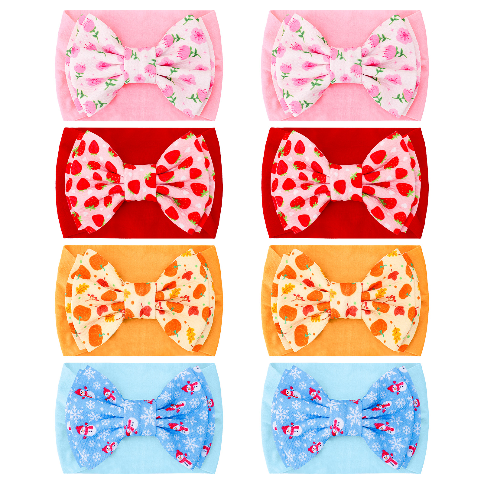Bocaoying 8 Pack Baby Girls Headbands with Bows, Soft Elastic Head Wrap for Newborn Infant Toddler, 4 Patterns Snowman/Cherry Blossom/Strawberry/Pumpkin, Ideal for Photoshoot & Baby Shower Gift