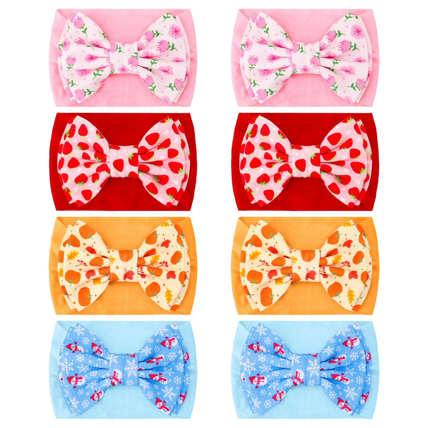 Bocaoying 8 Pack Baby Girls Headbands with Bows, Soft Elastic Head Wrap for Newborn Infant Toddler, 4 Patterns Snowman/Cherry Blossom/Strawberry/Pumpkin, Ideal for Photoshoot & Baby Shower Gift