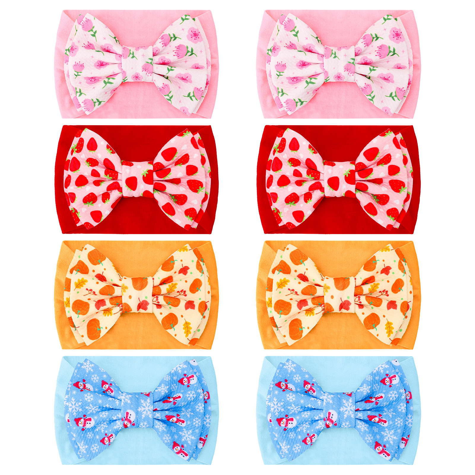 Bocaoying 8 Pack Baby Girls Headbands with Bows, Soft Elastic Head Wrap for Newborn Infant Toddler, 4 Patterns Snowman/Cherry Blossom/Strawberry/Pumpkin, Ideal for Photoshoot & Baby Shower Gift
