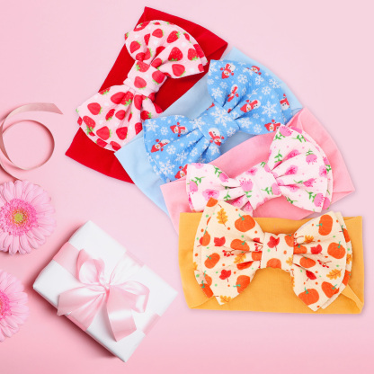 Bocaoying 8 Pack Baby Girls Headbands with Bows, Soft Elastic Head Wrap for Newborn Infant Toddler, 4 Patterns Snowman/Cherry Blossom/Strawberry/Pumpkin, Ideal for Photoshoot & Baby Shower Gift
