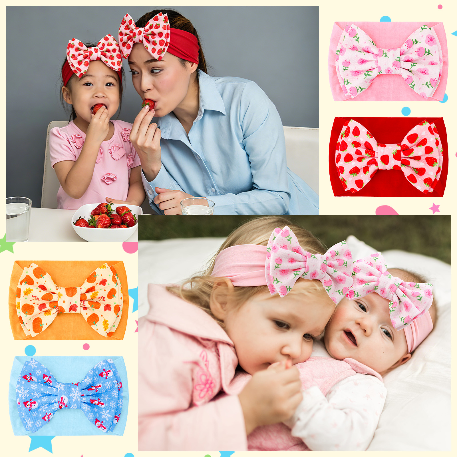 Bocaoying 8 Pack Baby Girls Headbands with Bows, Soft Elastic Head Wrap for Newborn Infant Toddler, 4 Patterns Snowman/Cherry Blossom/Strawberry/Pumpkin, Ideal for Photoshoot & Baby Shower Gift