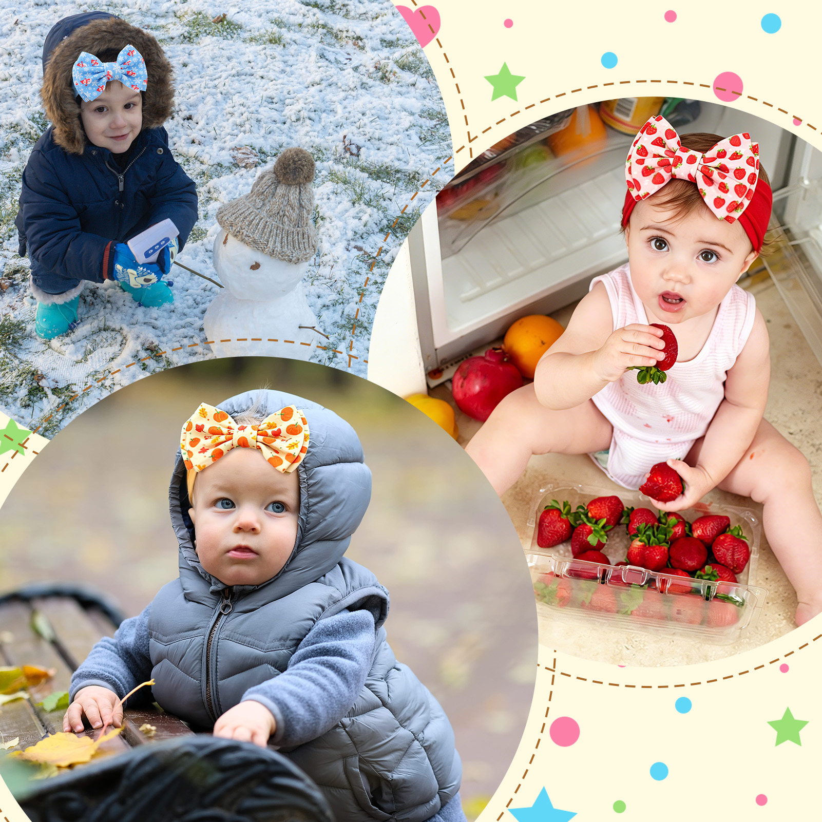 Bocaoying 8 Pack Baby Girls Headbands with Bows, Soft Elastic Head Wrap for Newborn Infant Toddler, 4 Patterns Snowman/Cherry Blossom/Strawberry/Pumpkin, Ideal for Photoshoot & Baby Shower Gift