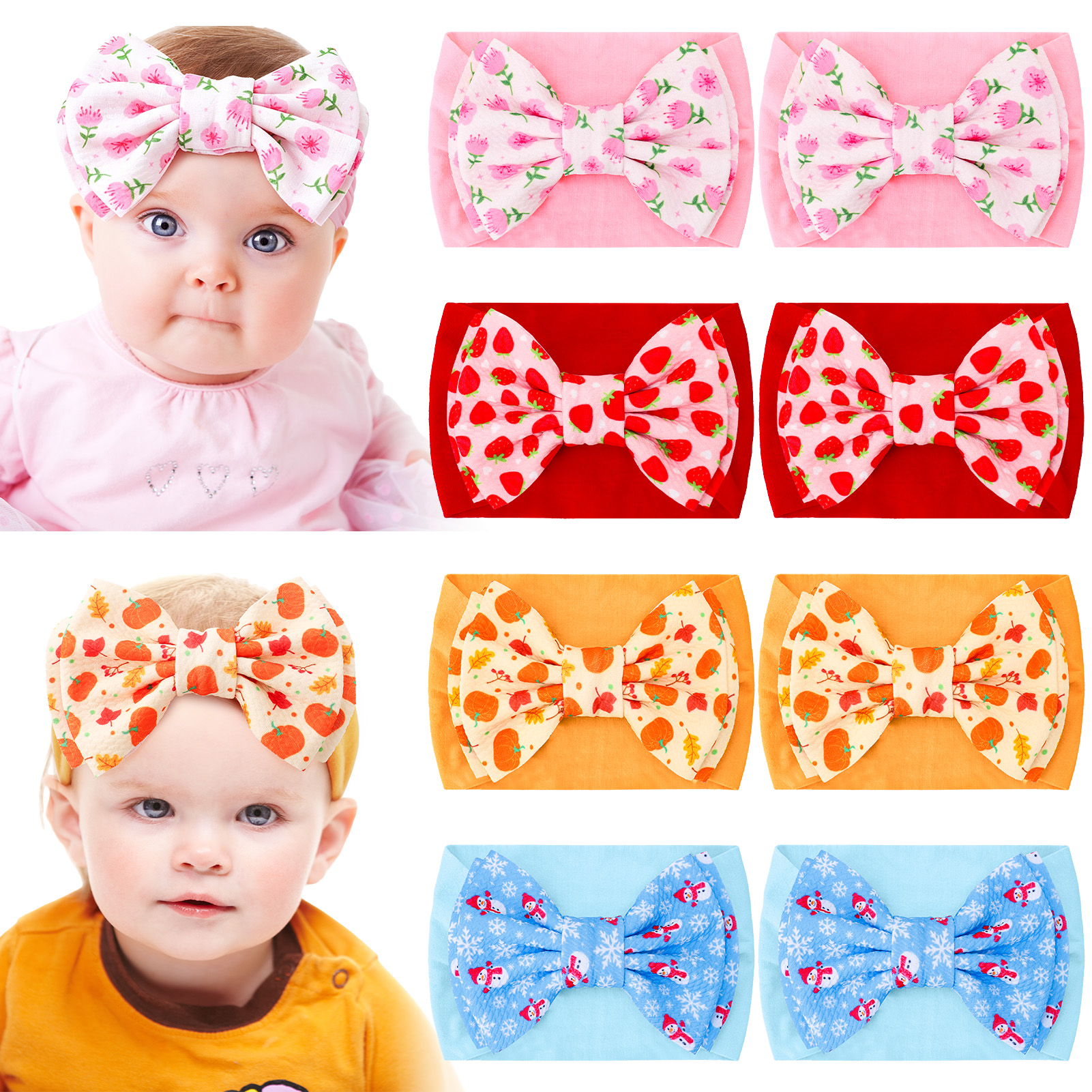 Bocaoying 8 Pack Baby Girls Headbands with Bows, Soft Elastic Head Wrap for Newborn Infant Toddler, 4 Patterns Snowman/Cherry Blossom/Strawberry/Pumpkin, Ideal for Photoshoot & Baby Shower Gift