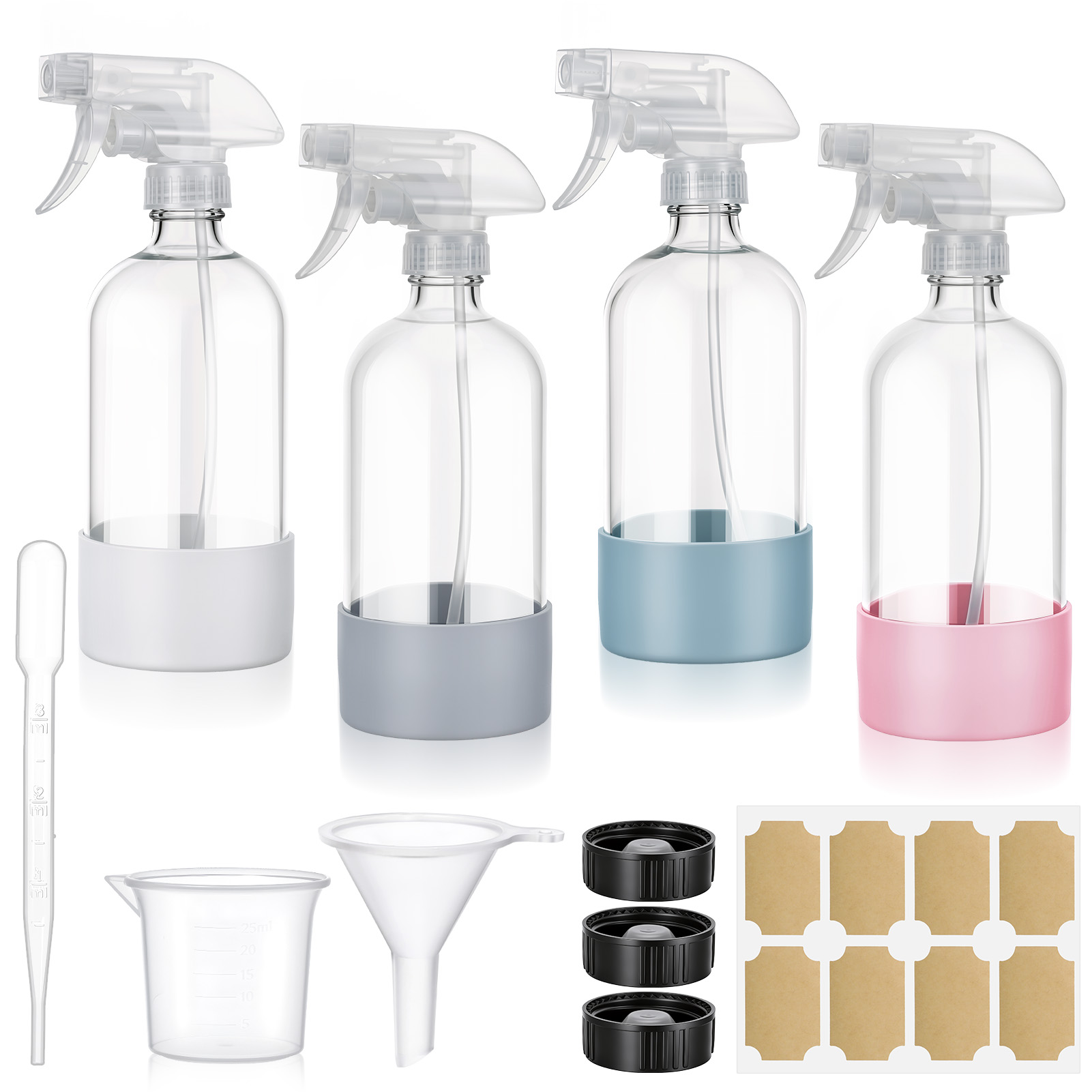 Armscye 4 Pack 16.9 Oz Glass Spray Bottles, Empty Clear Squirt Bottles with Adjustable Nozzle, Refillable Spray Container for Essential Oils, Hair, Cooking, Cleaning Sprayers with Rich Accessories