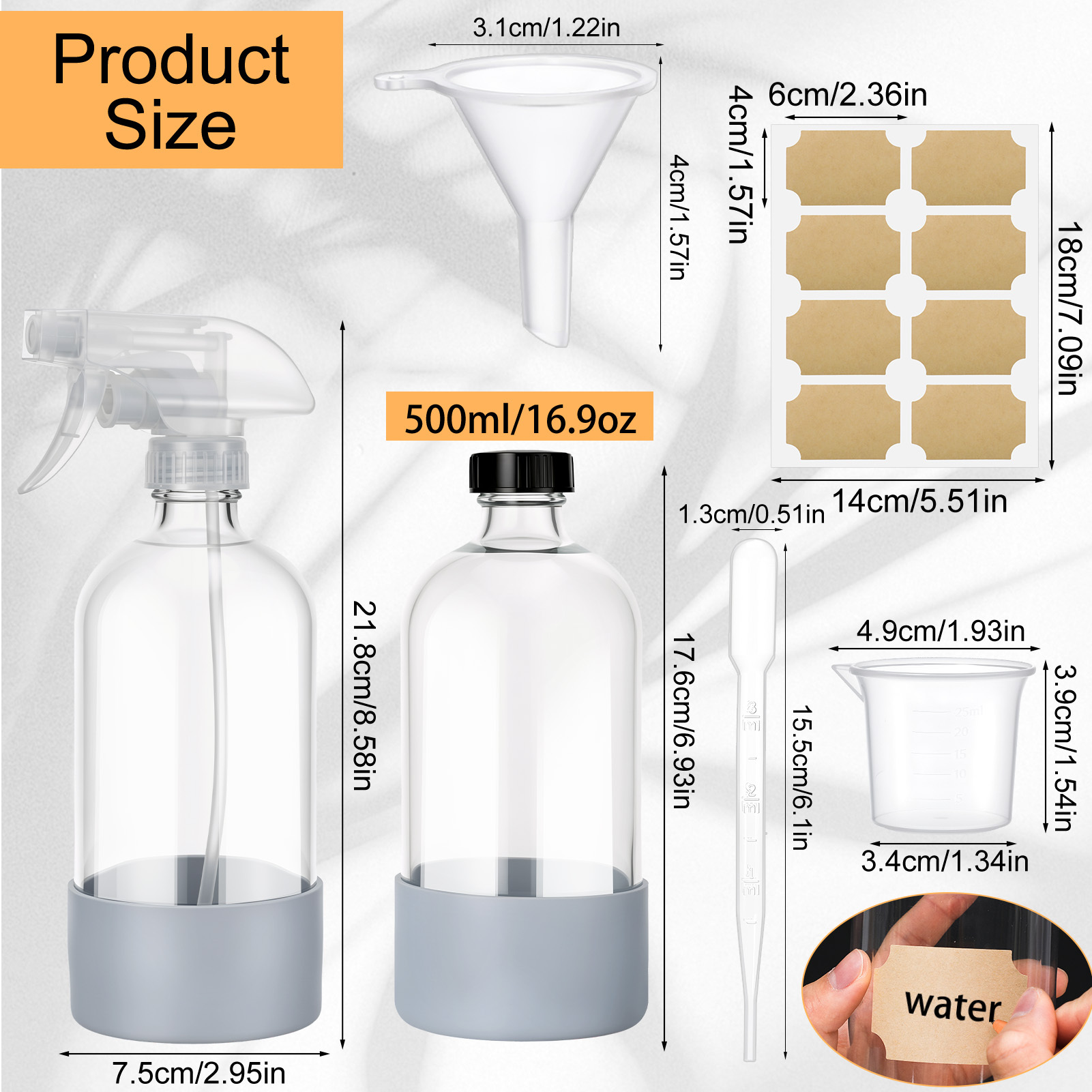 Armscye 4 Pack 16.9 Oz Glass Spray Bottles, Empty Clear Squirt Bottles with Adjustable Nozzle, Refillable Spray Container for Essential Oils, Hair, Cooking, Cleaning Sprayers with Rich Accessories