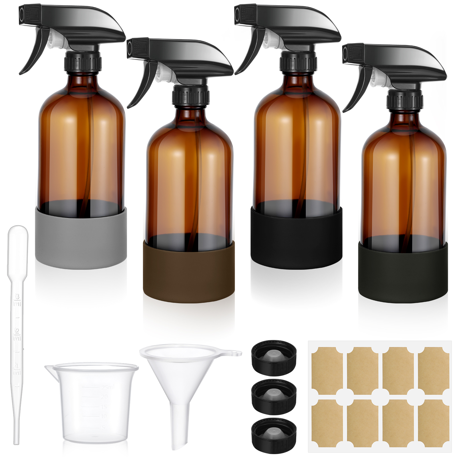 Armscye 4 Pack 16.9 Oz Glass Spray Bottles, Empty Amber Squirt Bottles with Adjustable Nozzle, Refillable Spray Container for Essential Oils, Hair, Cooking, Cleaning Sprayers with Rich Accessories