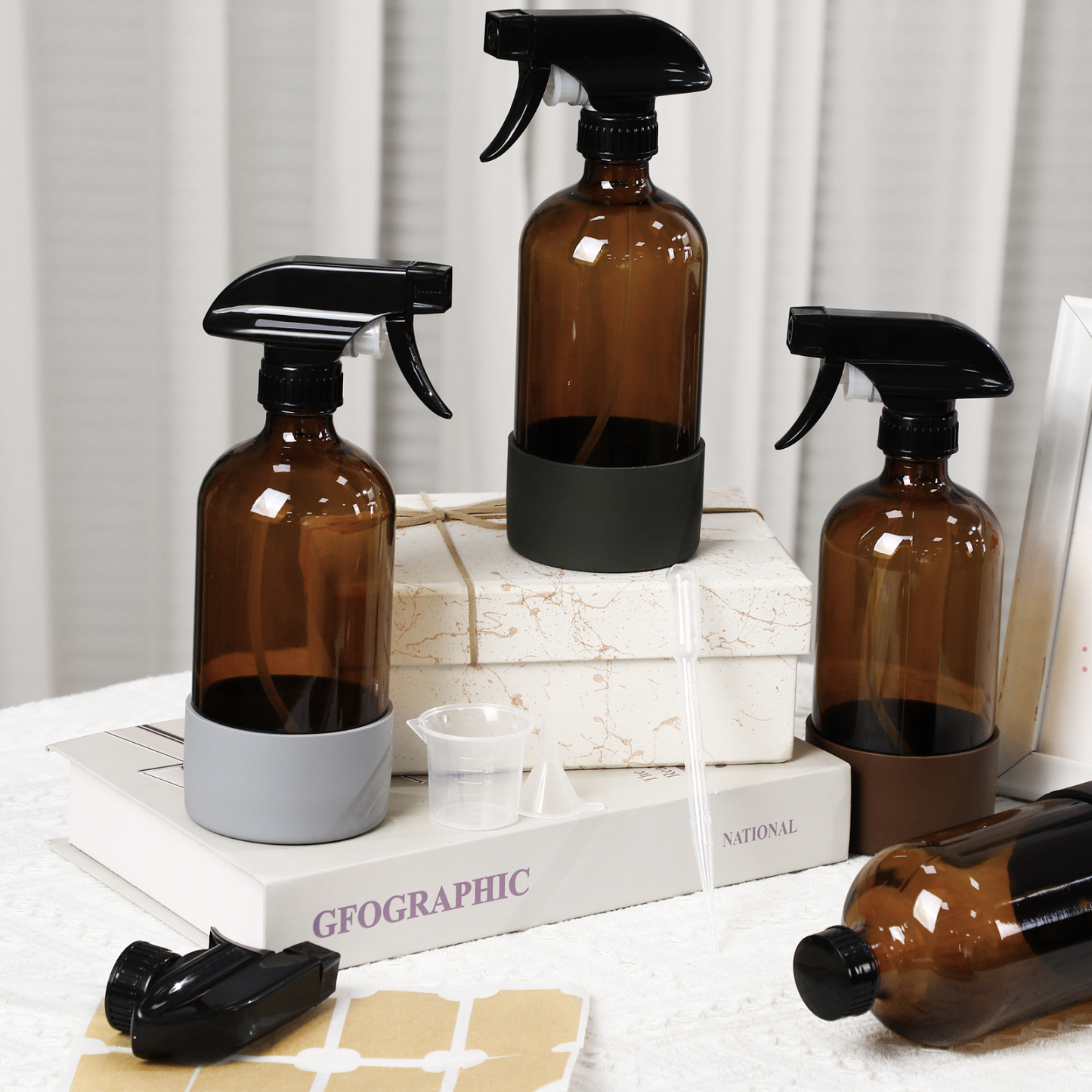 Armscye 4 Pack 16.9 Oz Glass Spray Bottles, Empty Amber Squirt Bottles with Adjustable Nozzle, Refillable Spray Container for Essential Oils, Hair, Cooking, Cleaning Sprayers with Rich Accessories