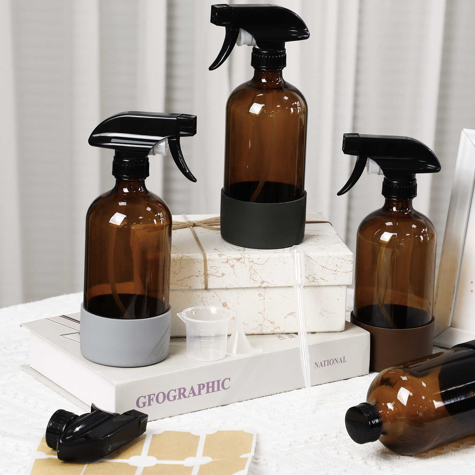 Armscye 4 Pack 16.9 Oz Glass Spray Bottles, Empty Amber Squirt Bottles with Adjustable Nozzle, Refillable Spray Container for Essential Oils, Hair, Cooking, Cleaning Sprayers with Rich Accessories