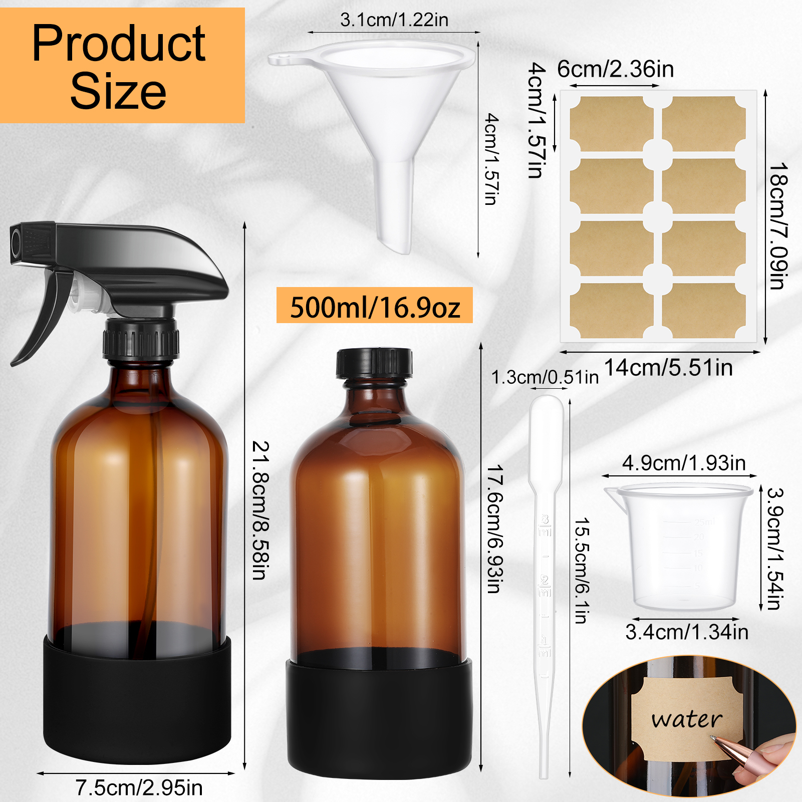 Armscye 4 Pack 16.9 Oz Glass Spray Bottles, Empty Amber Squirt Bottles with Adjustable Nozzle, Refillable Spray Container for Essential Oils, Hair, Cooking, Cleaning Sprayers with Rich Accessories