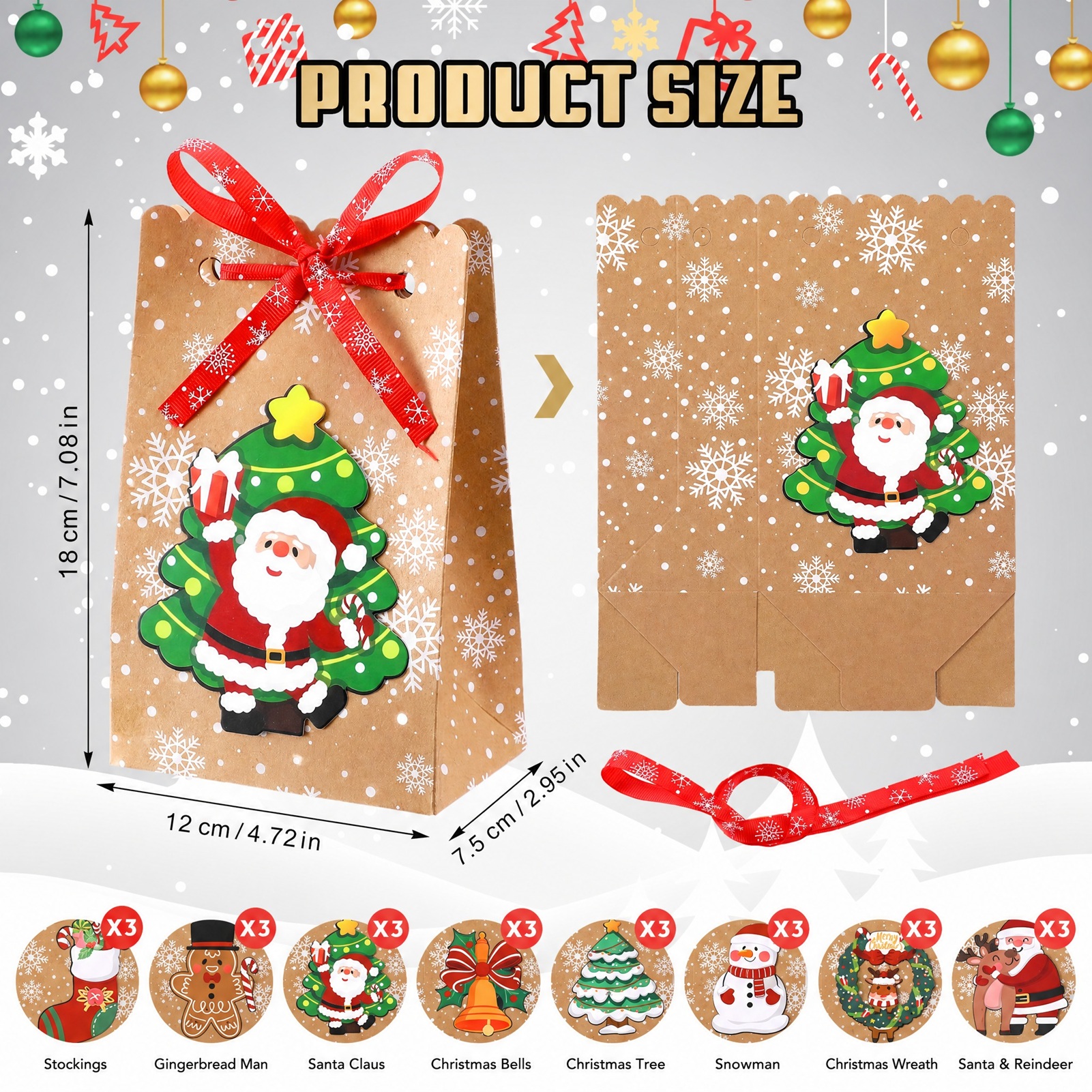 sixwipe 24 Pack Christmas Craft Paper Treat Bags, 8 Assorted Christmas Designs Party Bags with 24 Pieces Red Bows, Small Xmas Gift Bags for Holiday Party Decorations