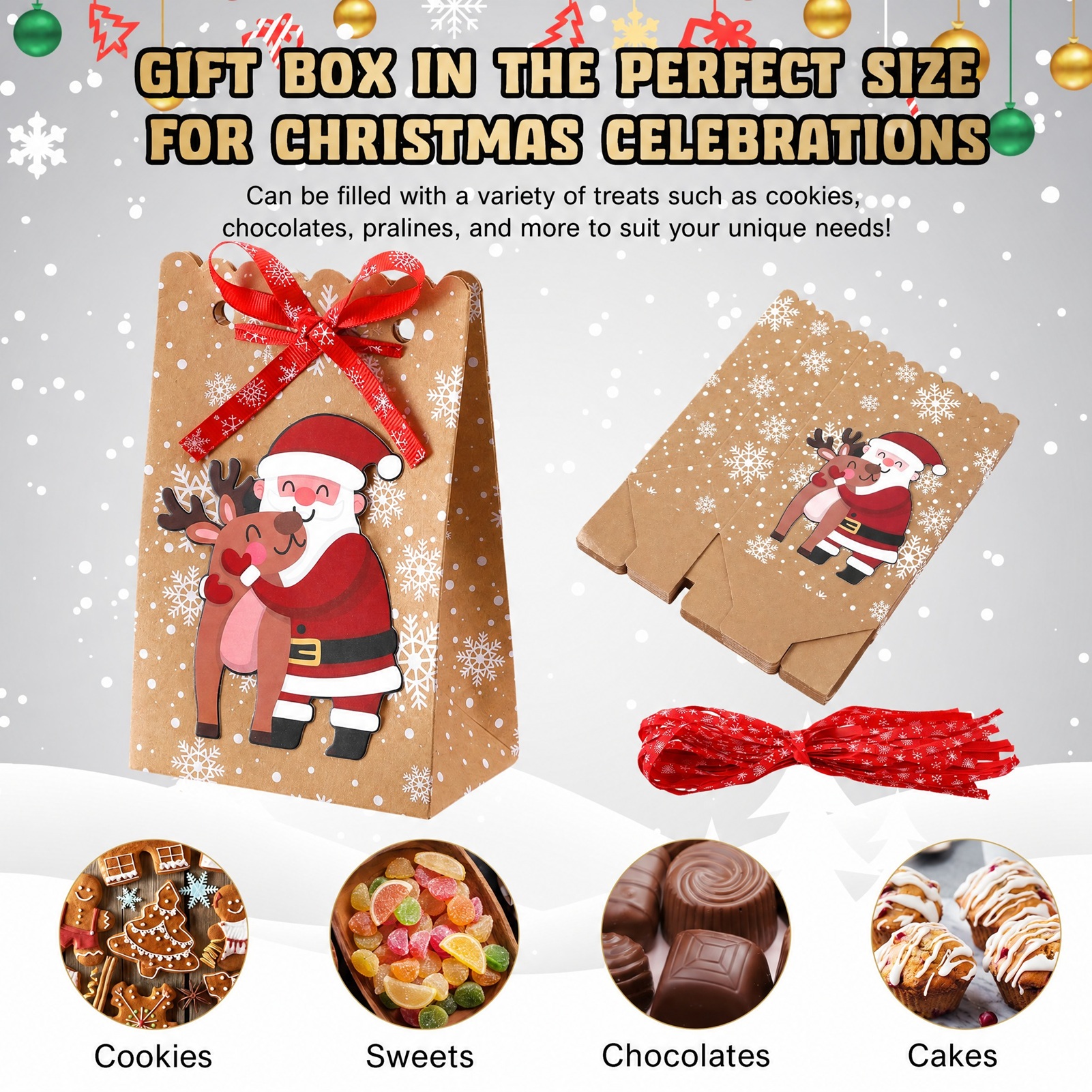 sixwipe 24 Pack Christmas Craft Paper Treat Bags, 8 Assorted Christmas Designs Party Bags with 24 Pieces Red Bows, Small Xmas Gift Bags for Holiday Party Decorations