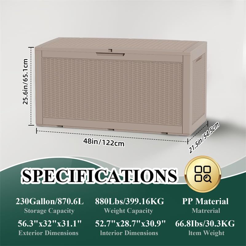 100 Gallon Resin Deck Box Outdoor Storage Box with Lockable Lid, Waterproof for Patio Cushions, Gardening Tools & Exercise Equipment